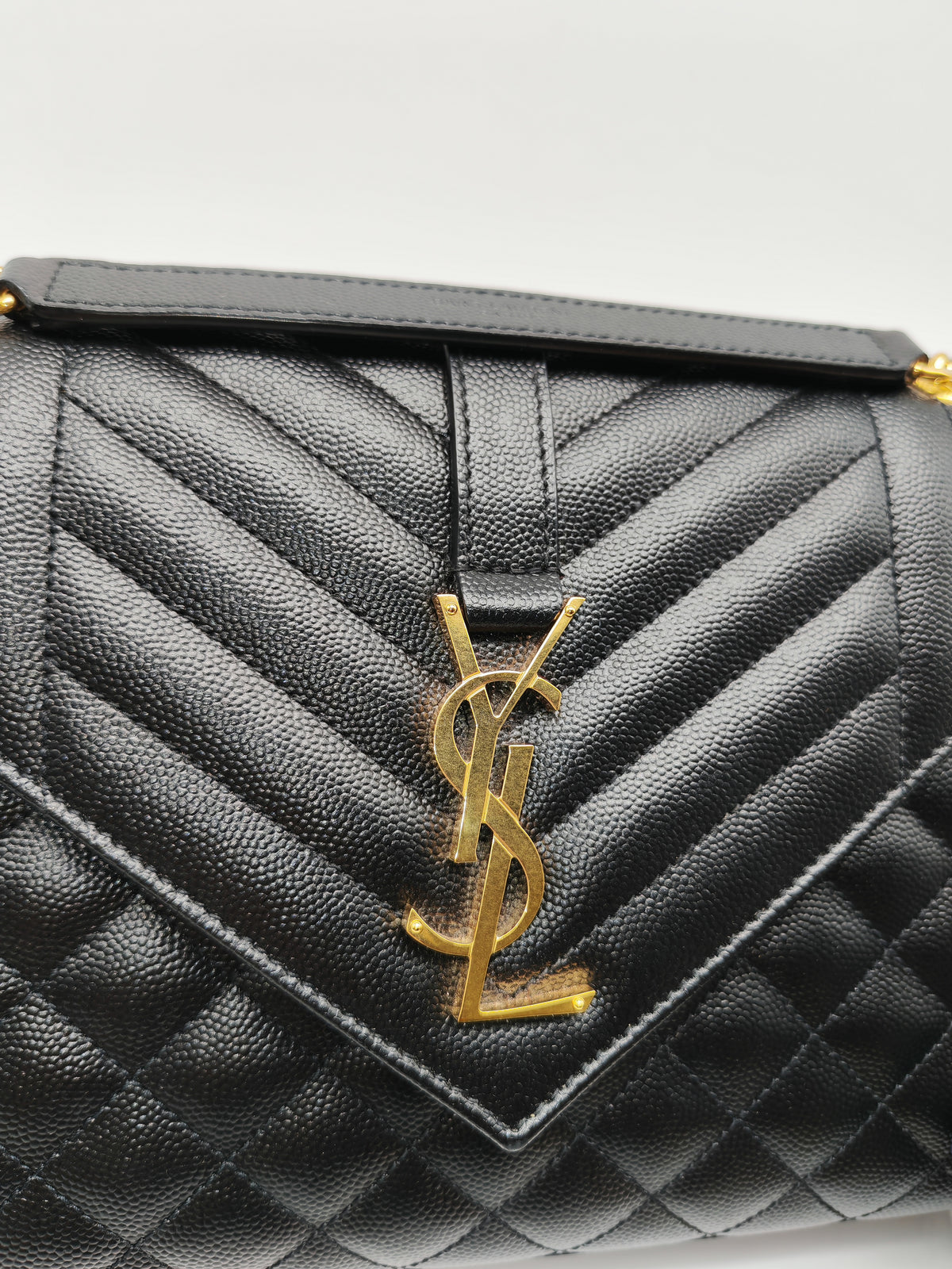 Yves Saint Laurent Envelope Shoulder Bag Medium in Black Quilted Grained de Poudre Embossed Leather and Gold Hardware