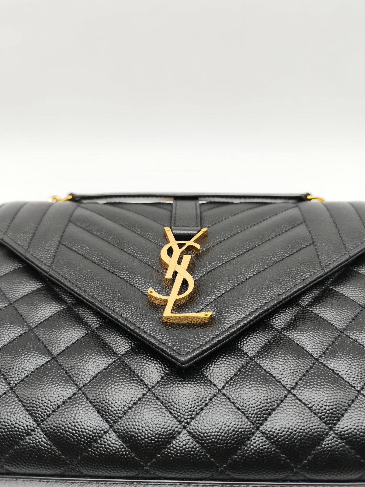 Yves Saint Laurent Envelope Shoulder Bag Medium in Black Quilted Grained de Poudre Embossed Leather and Gold Hardware