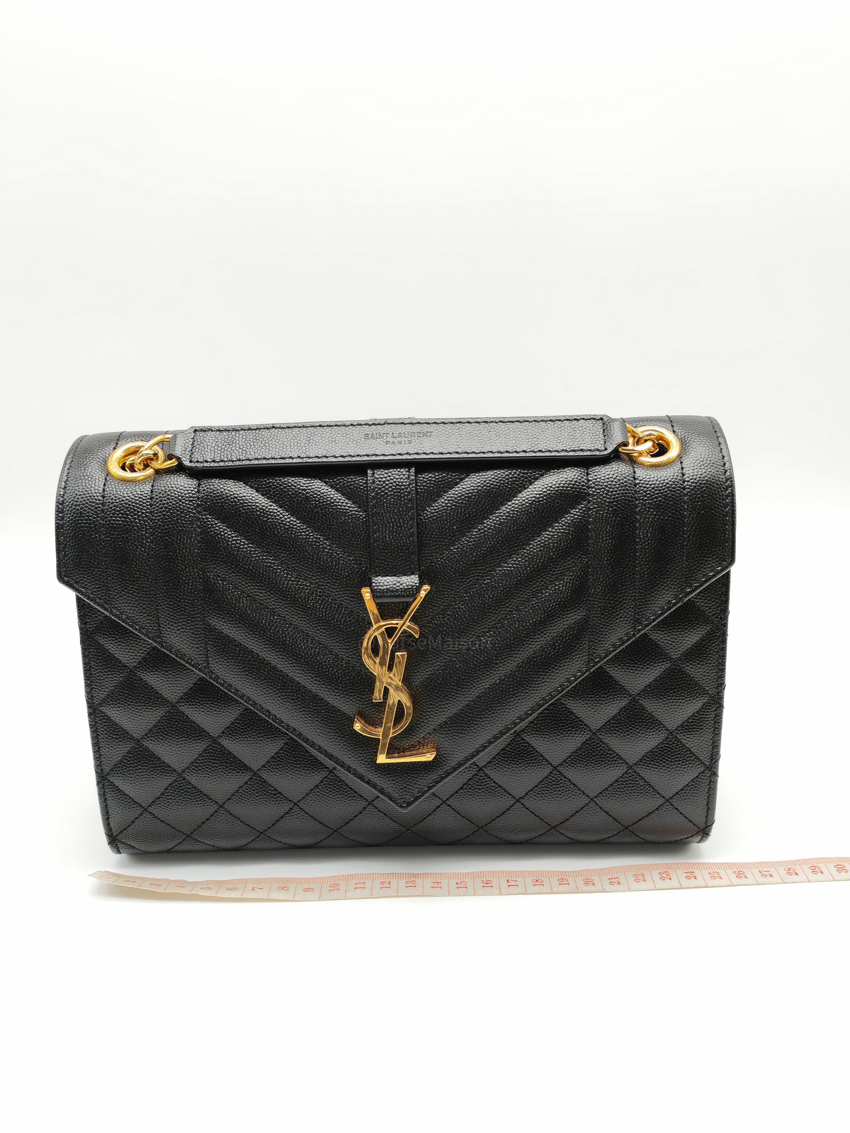 Yves Saint Laurent Envelope Shoulder Bag Medium in Black Quilted Grained de Poudre Embossed Leather and Gold Hardware