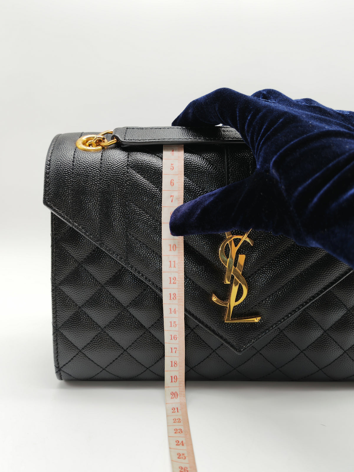 Yves Saint Laurent Envelope Shoulder Bag Medium in Black Quilted Grained de Poudre Embossed Leather and Gold Hardware