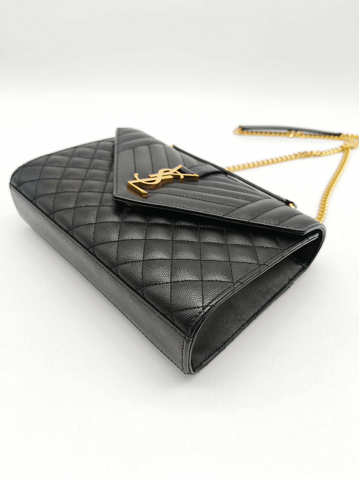 Yves Saint Laurent Envelope Shoulder Bag Medium in Black Quilted Grained de Poudre Embossed Leather and Gold Hardware