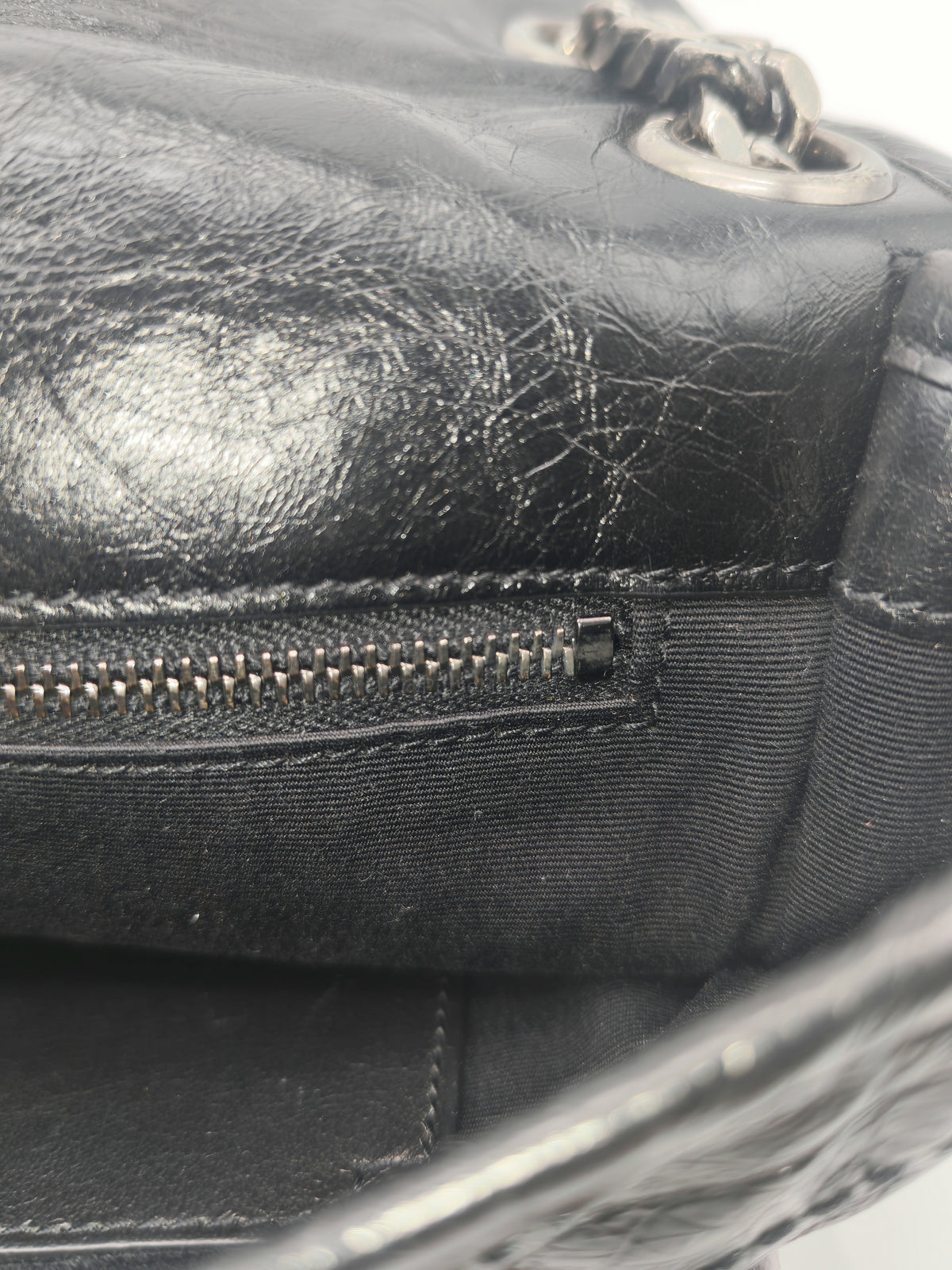 Yves Saint Laurent Niki Shoulder Bag Medium in Black Quilted Crinkled Calfskin Leather and Mixed Hardware