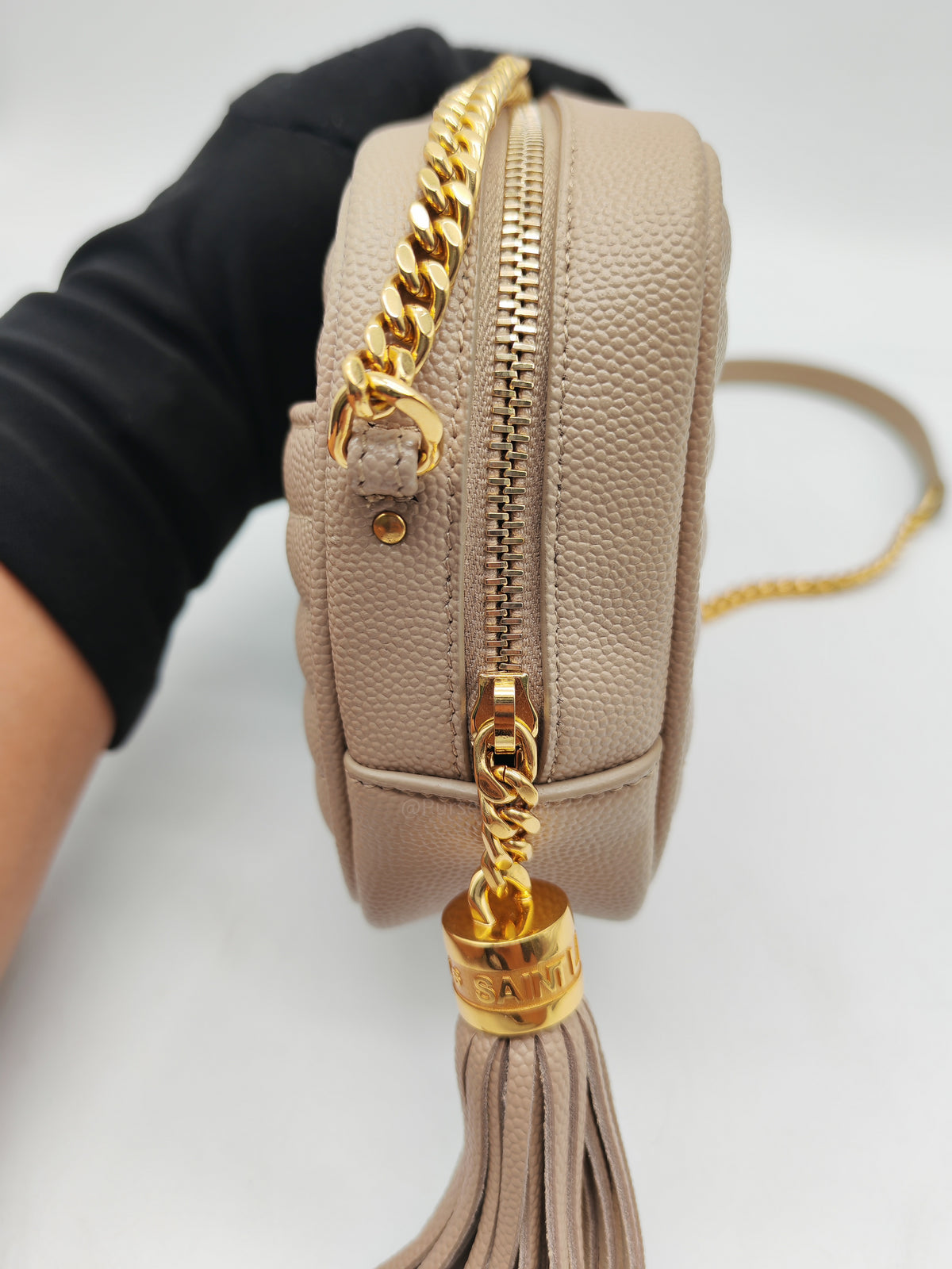 YSL lou Camera Bag in Dark Beige Chevron-Quilted Matelassé Leather