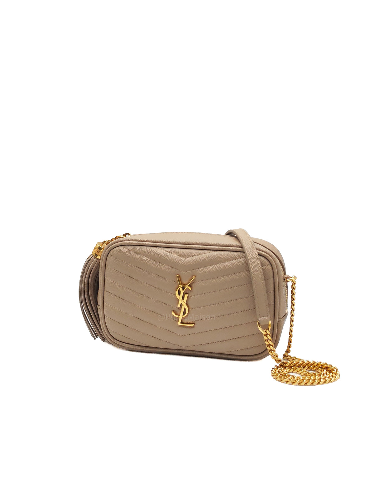 YSL lou Camera Bag in Dark Beige Chevron-Quilted Matelassé Leather