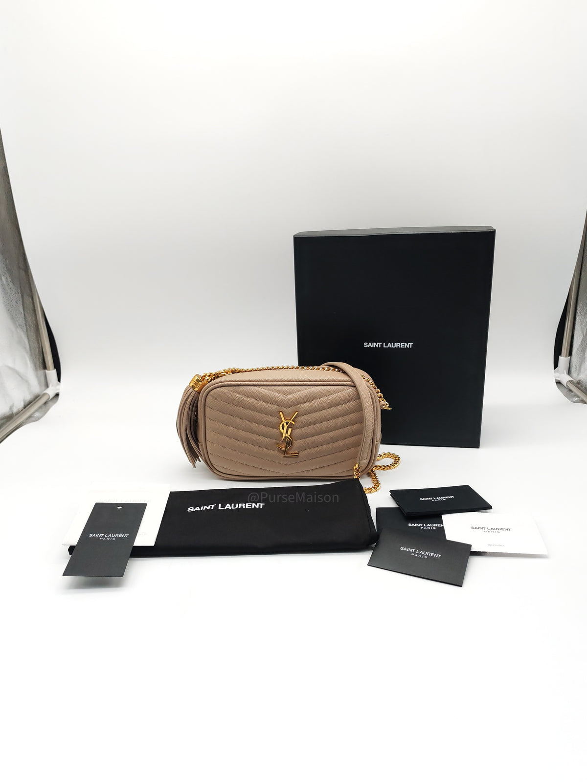YSL lou Camera Bag in Dark Beige Chevron-Quilted Matelassé Leather