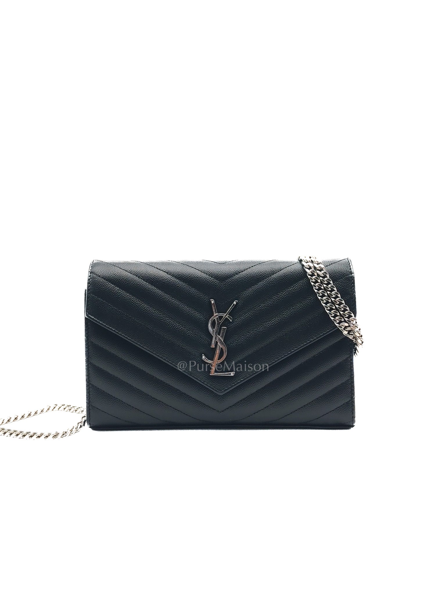 Yves Saint Laurent Cassandre Wallet on Chain in Black Chevron Quilted Grained de Poudre Leather & Silver Hardware