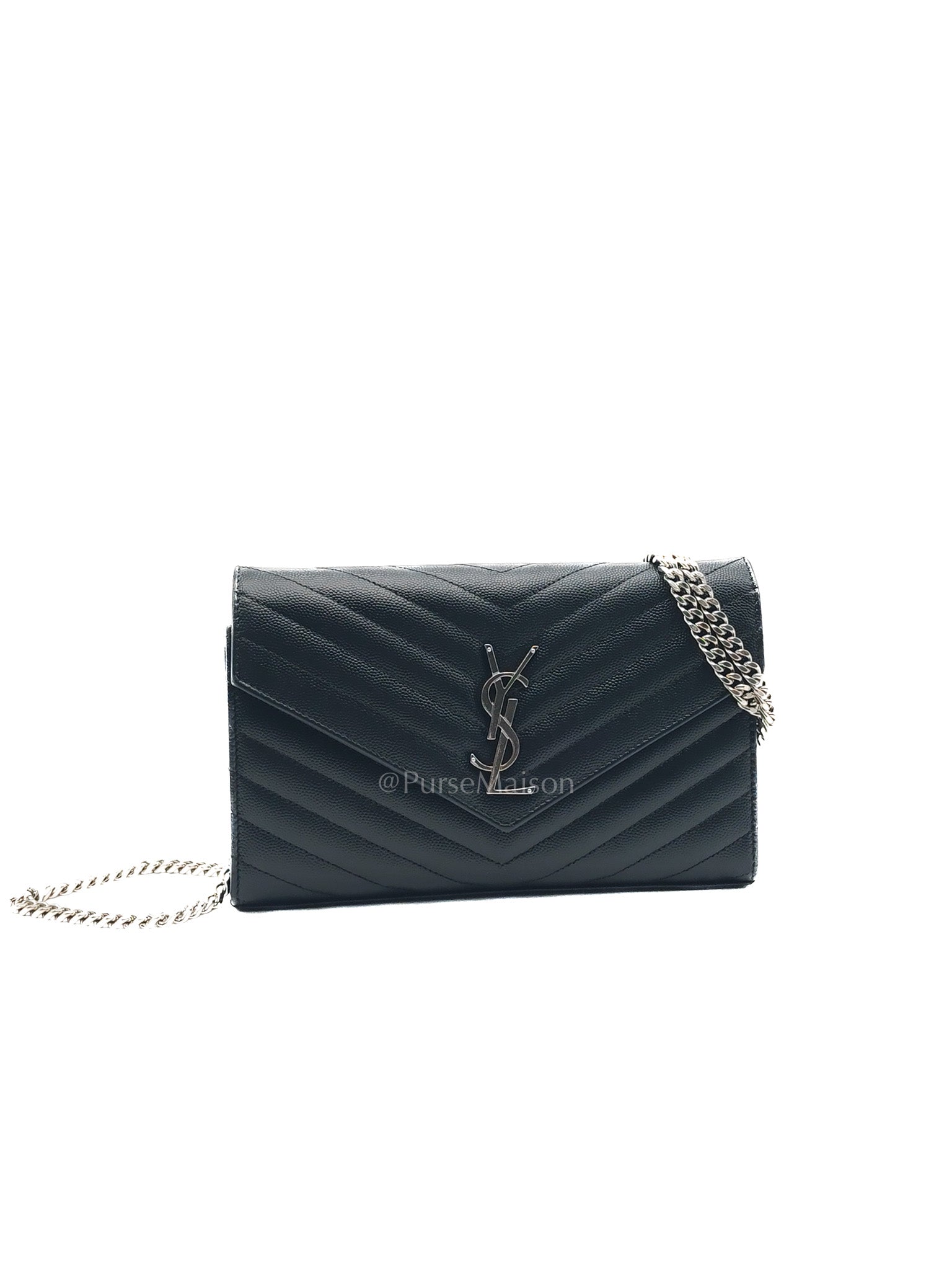 Yves Saint Laurent Cassandre Wallet on Chain in Black Chevron Quilted Grained de Poudre Leather & Silver Hardware