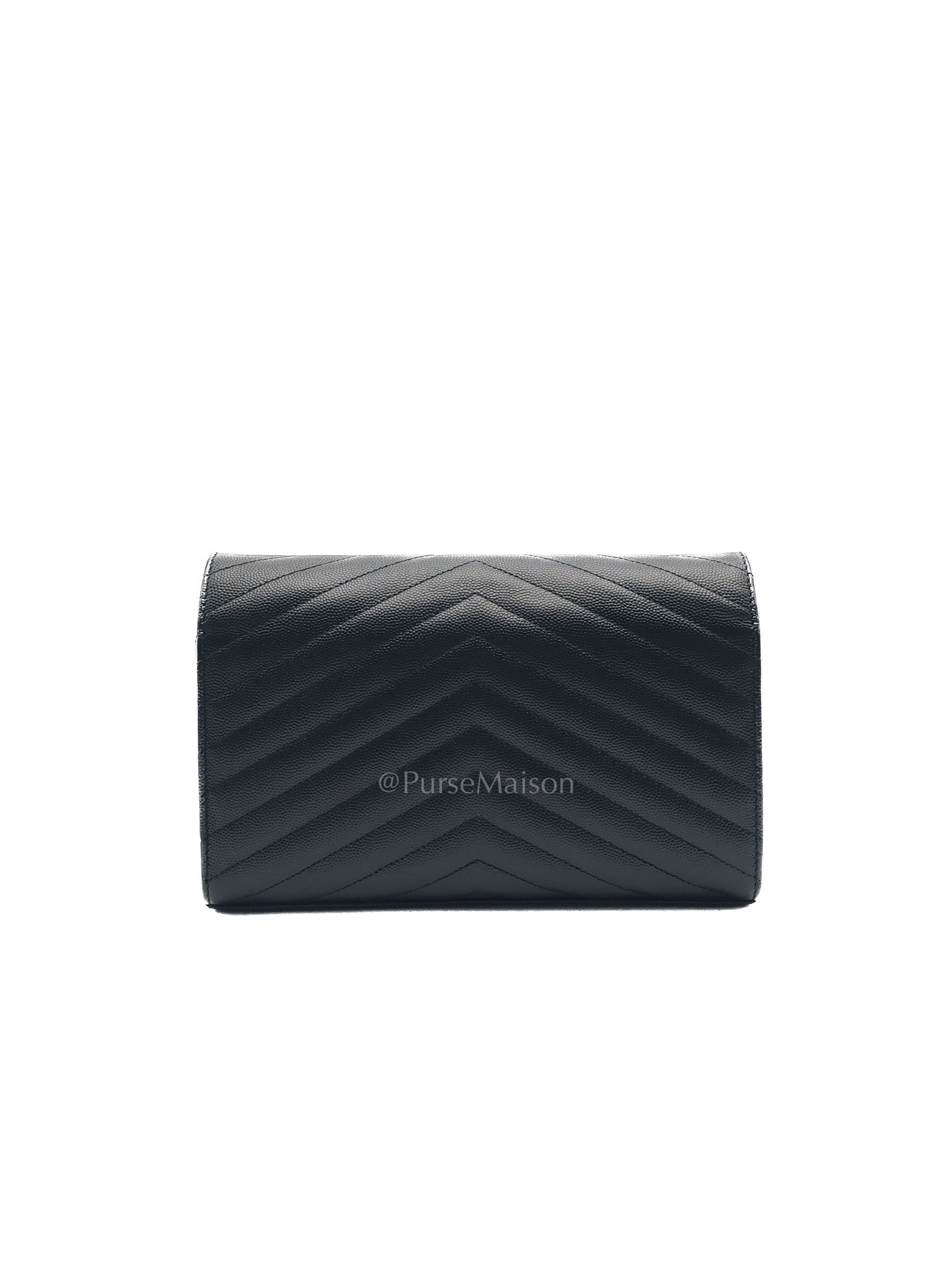 Yves Saint Laurent Cassandre Wallet on Chain in Black Chevron Quilted Grained de Poudre Leather & Silver Hardware