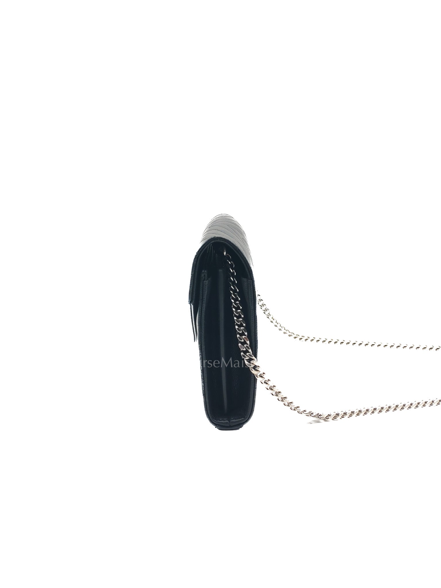 Yves Saint Laurent Cassandre Wallet on Chain in Black Chevron Quilted Grained de Poudre Leather & Silver Hardware