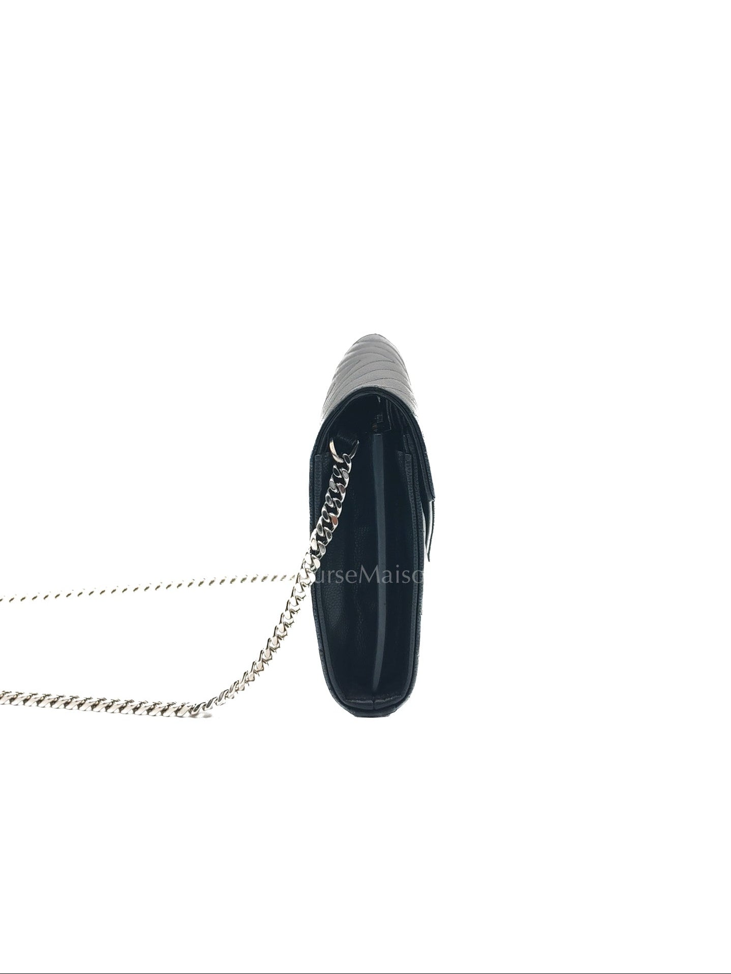 Yves Saint Laurent Cassandre Wallet on Chain in Black Chevron Quilted Grained de Poudre Leather & Silver Hardware