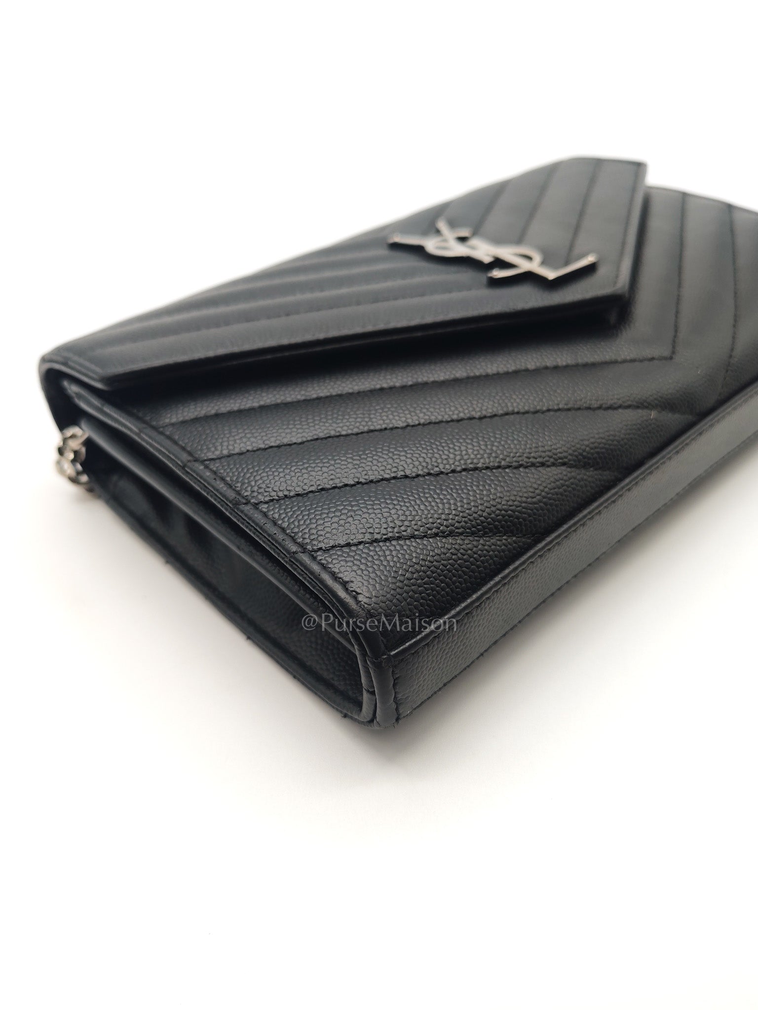 Yves Saint Laurent Cassandre Wallet on Chain in Black Chevron Quilted Grained de Poudre Leather & Silver Hardware