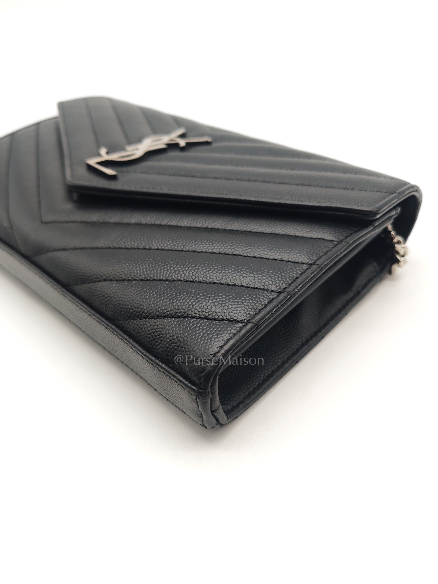 Yves Saint Laurent Cassandre Wallet on Chain in Black Chevron Quilted Grained de Poudre Leather & Silver Hardware
