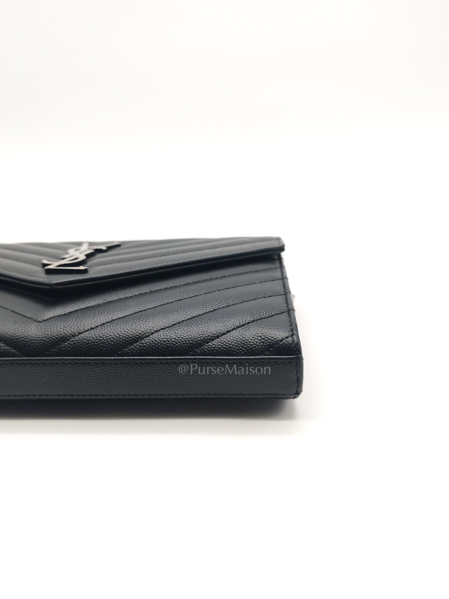 Yves Saint Laurent Cassandre Wallet on Chain in Black Chevron Quilted Grained de Poudre Leather & Silver Hardware