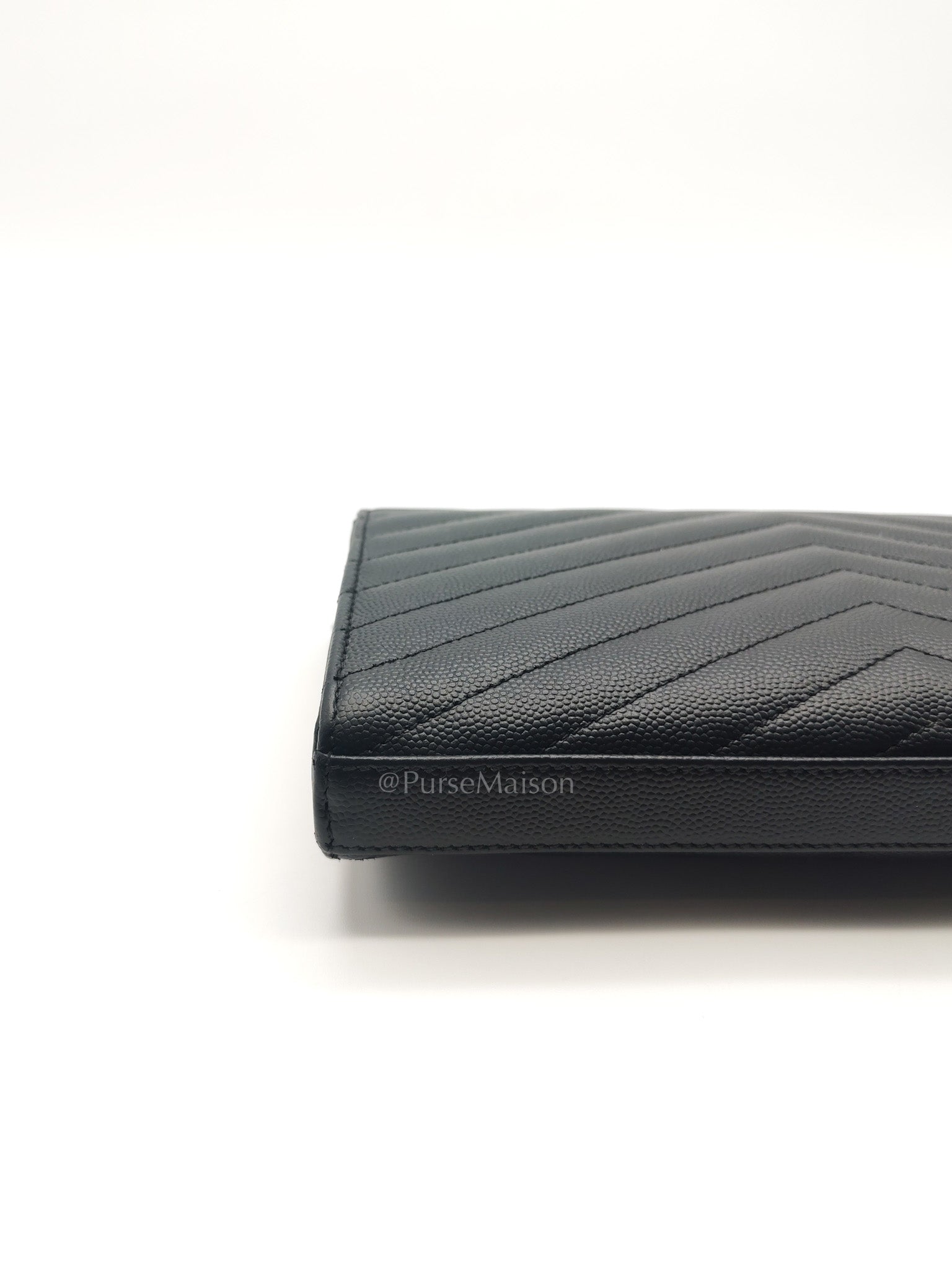 Yves Saint Laurent Cassandre Wallet on Chain in Black Chevron Quilted Grained de Poudre Leather & Silver Hardware