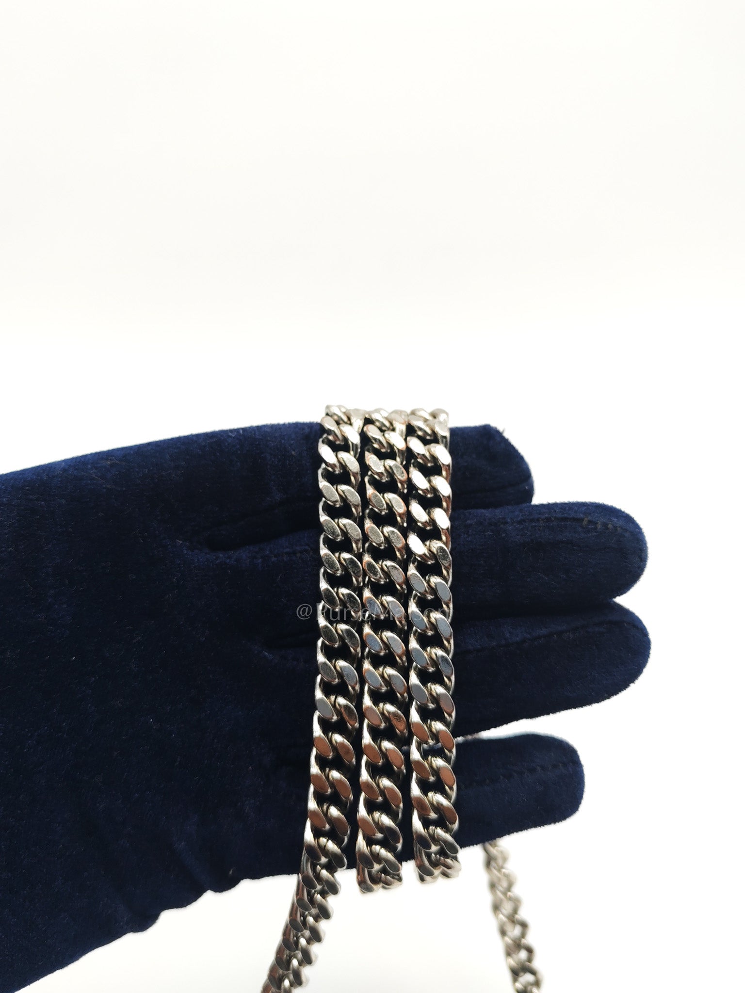 Yves Saint Laurent Cassandre Wallet on Chain in Black Chevron Quilted Grained de Poudre Leather & Silver Hardware