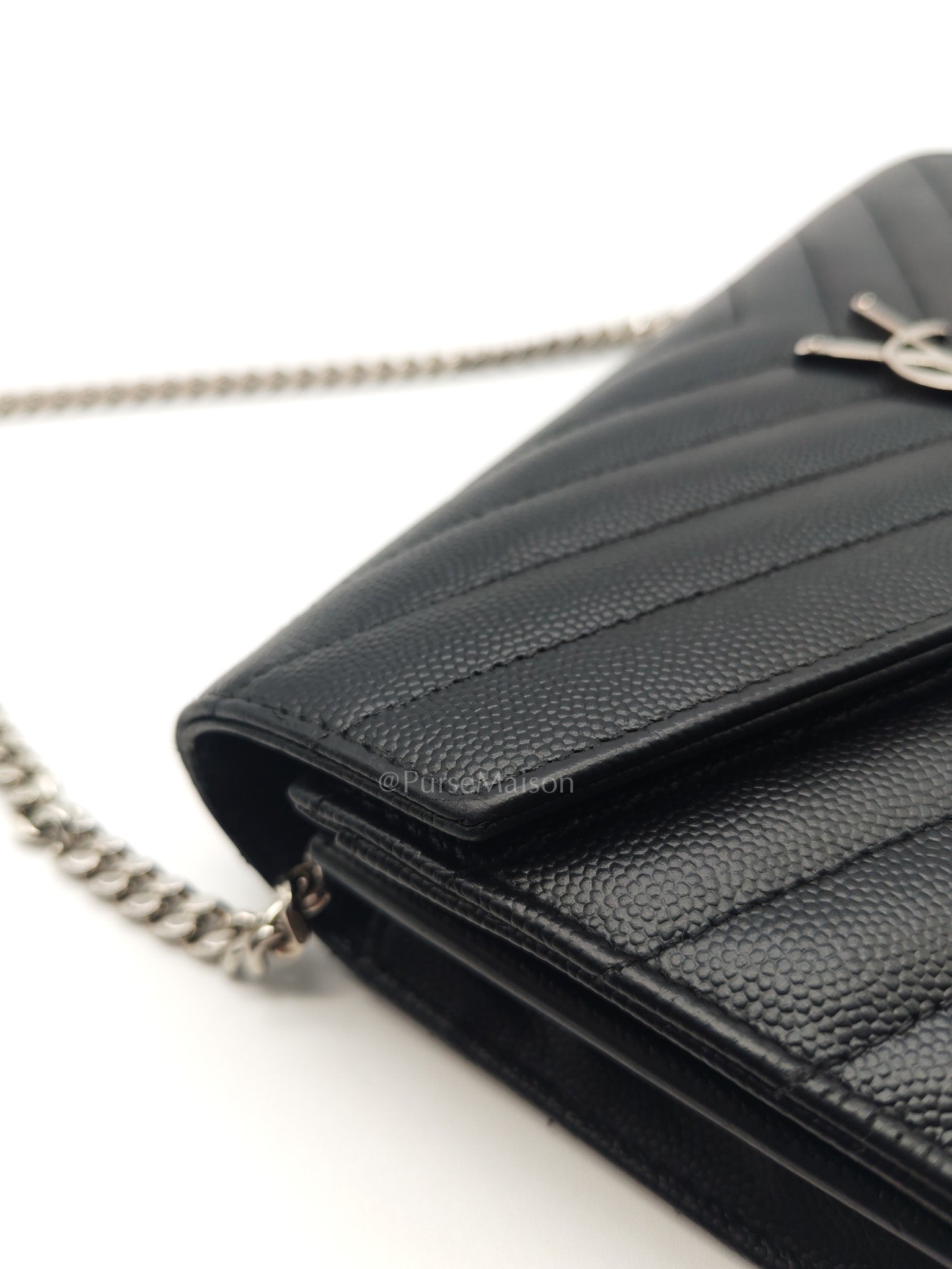 Yves Saint Laurent Cassandre Wallet on Chain in Black Chevron Quilted Grained de Poudre Leather & Silver Hardware
