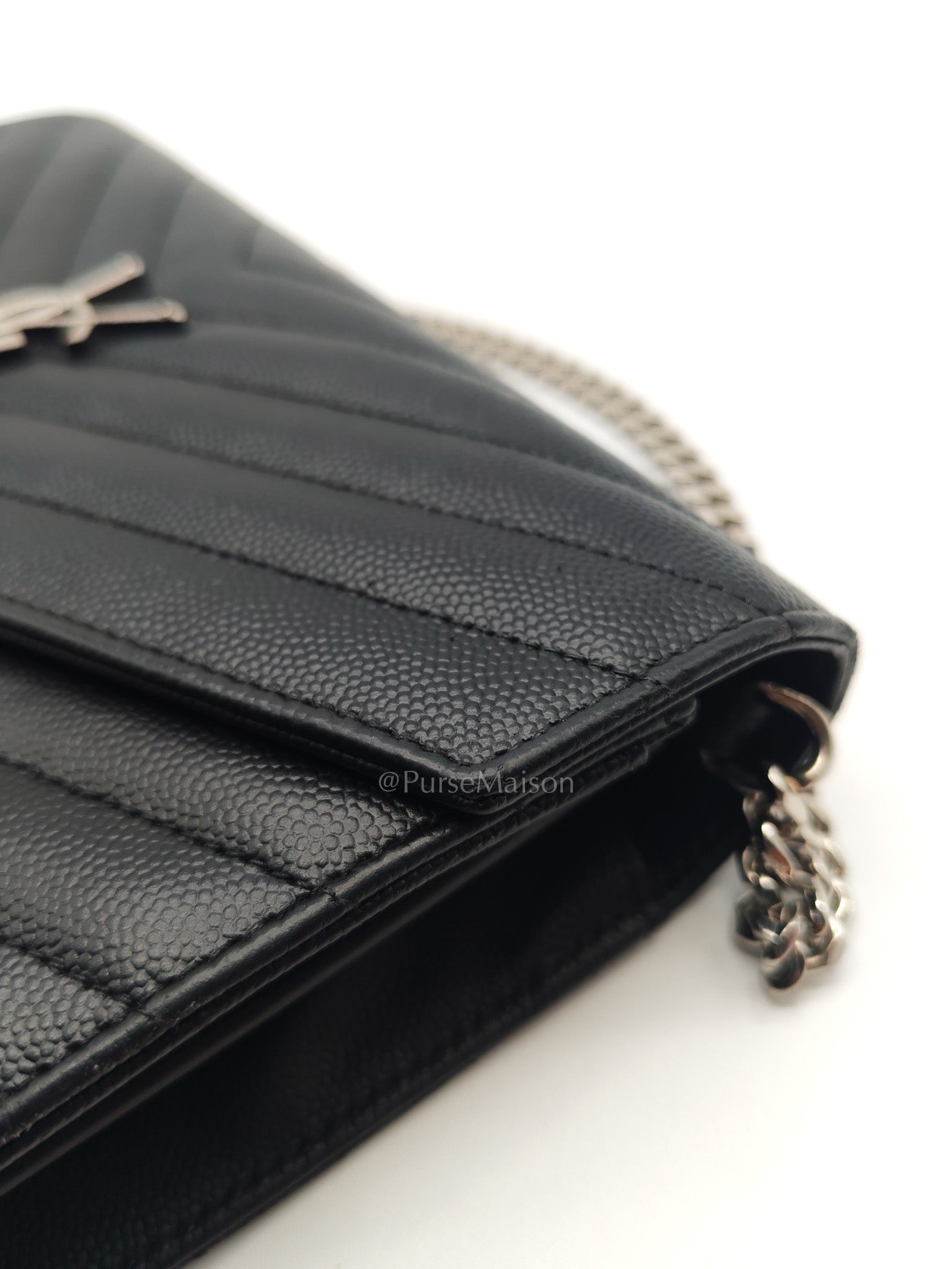 Yves Saint Laurent Cassandre Wallet on Chain in Black Chevron Quilted Grained de Poudre Leather & Silver Hardware