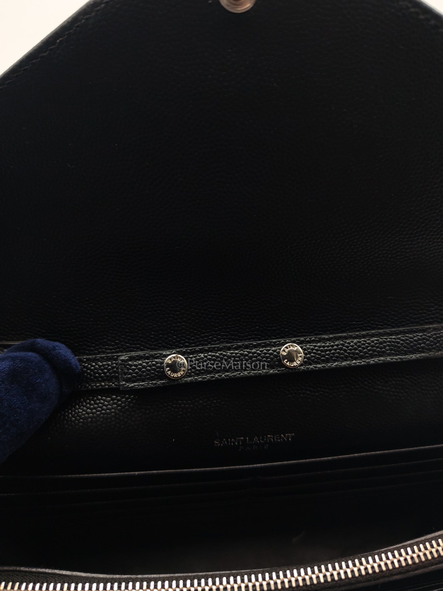 Yves Saint Laurent Cassandre Wallet on Chain in Black Chevron Quilted Grained de Poudre Leather & Silver Hardware