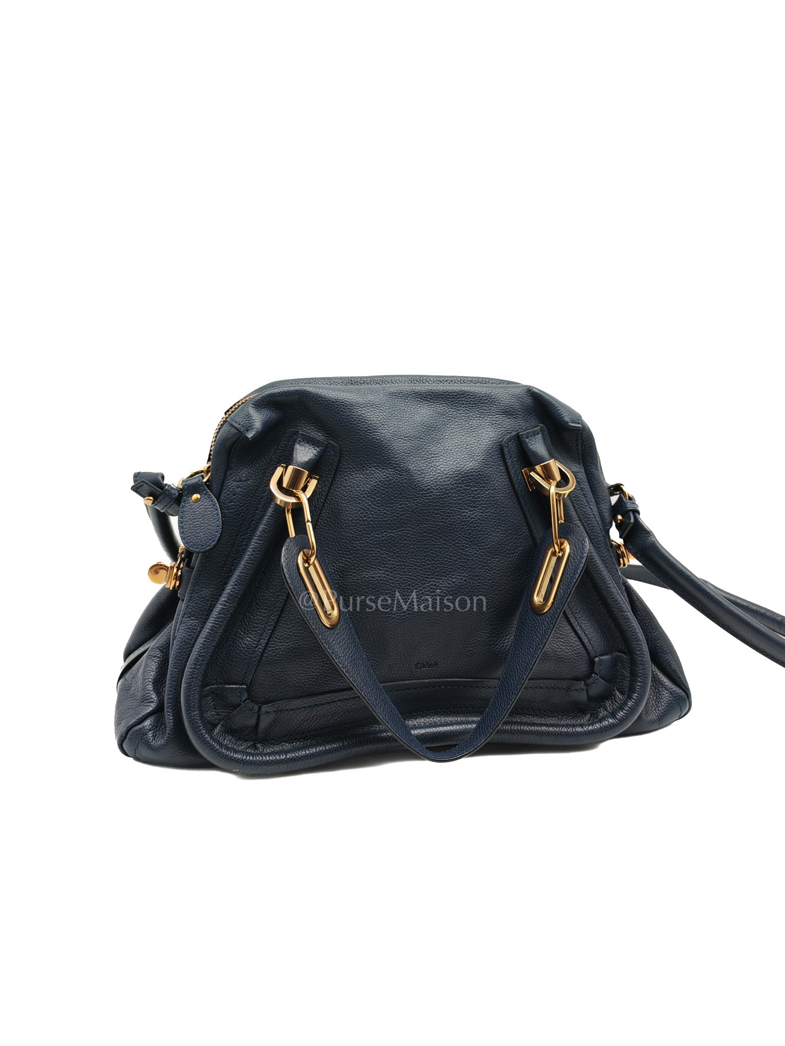 Paraty Top Handle Shoulder Bag in Navy Blue Calfskin Leather & Gold Hardware