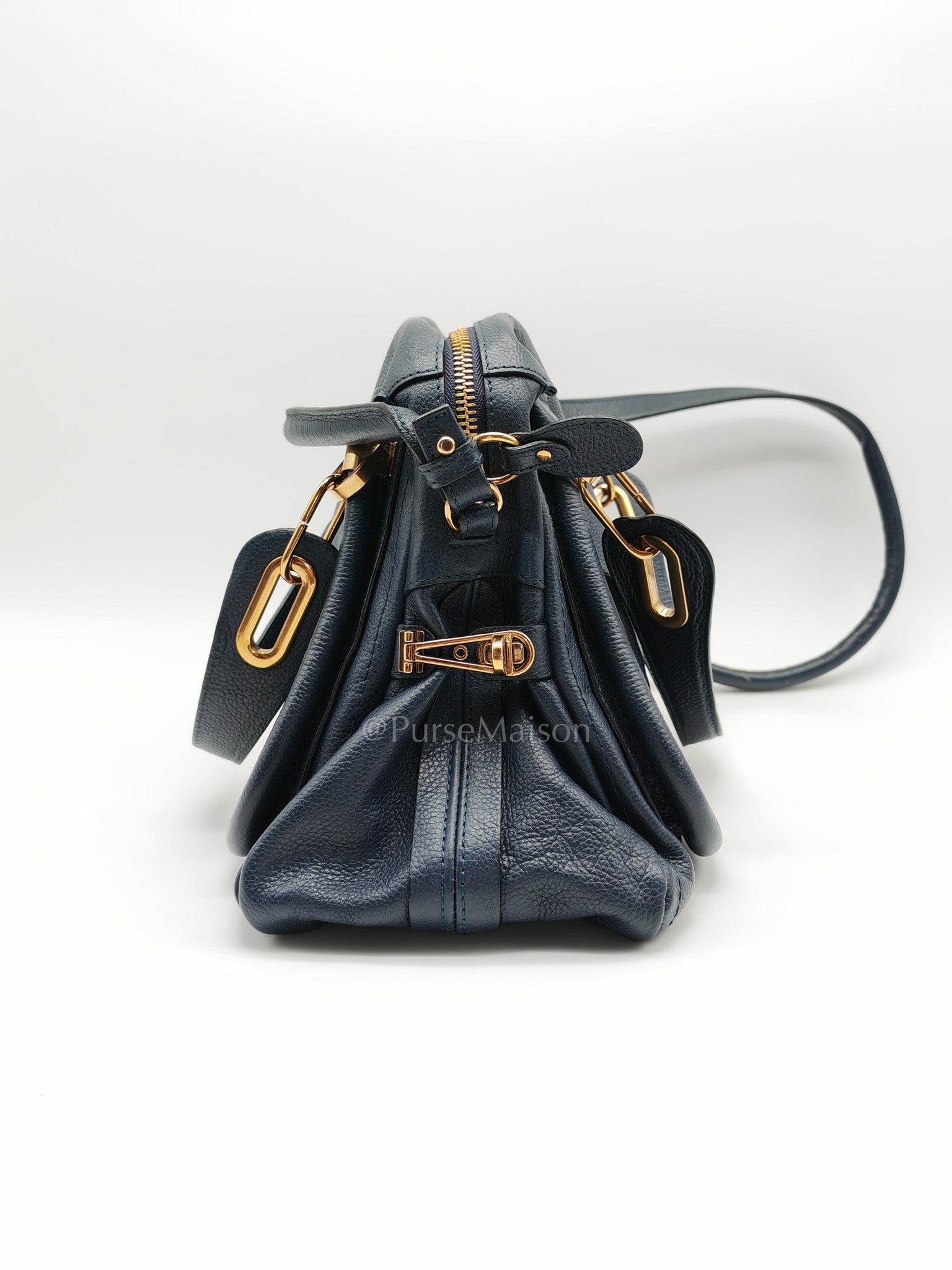 Paraty Top Handle Shoulder Bag in Navy Blue Calfskin Leather & Gold Hardware