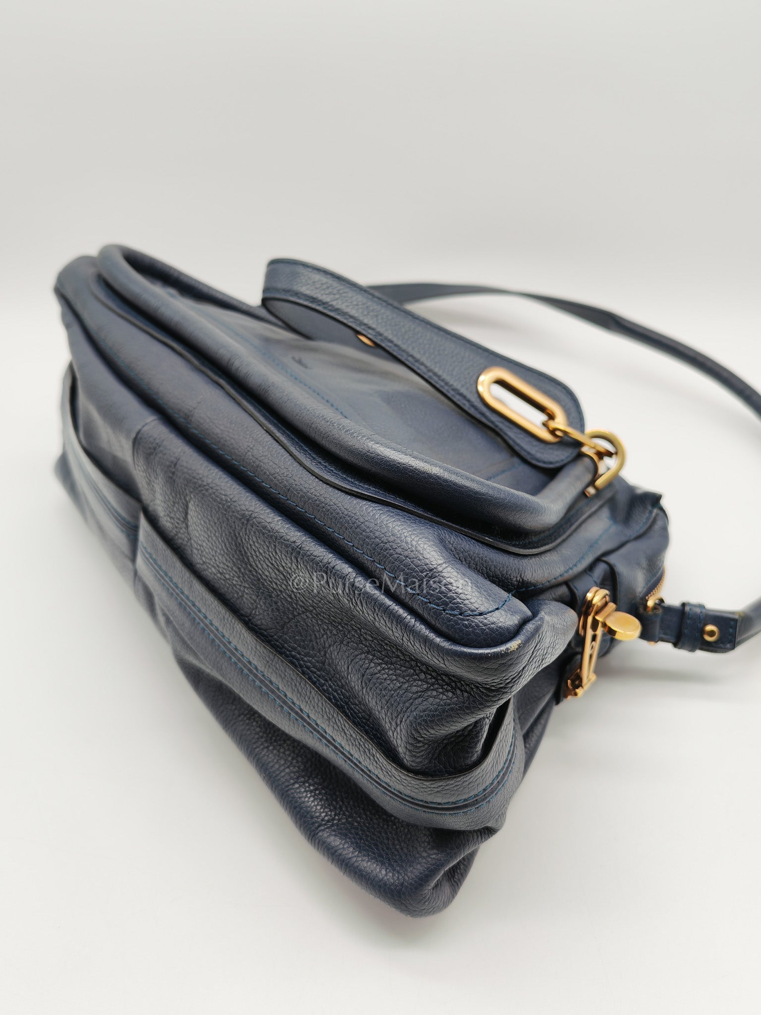 Paraty Top Handle Shoulder Bag in Navy Blue Calfskin Leather & Gold Hardware