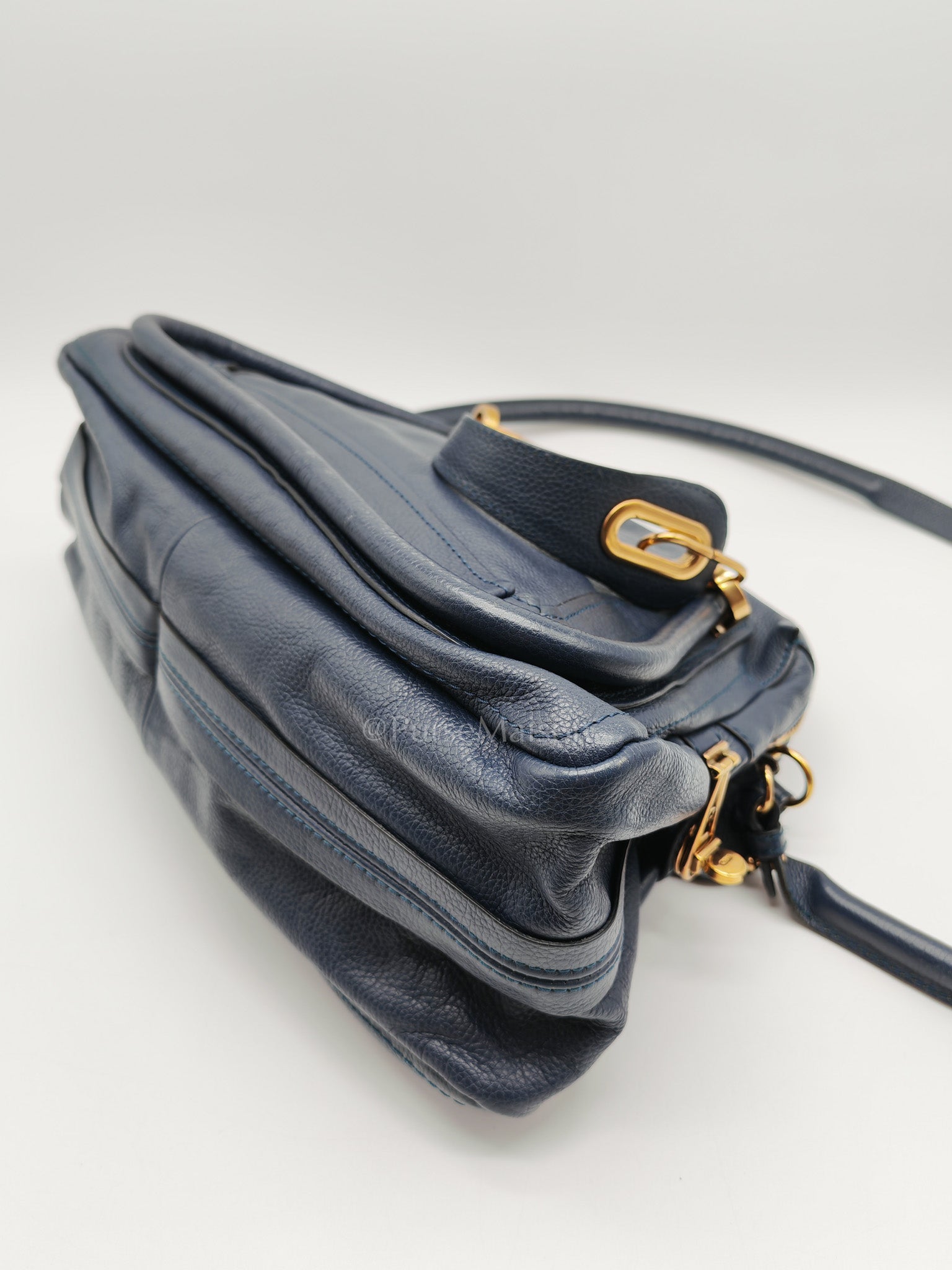 Paraty Top Handle Shoulder Bag in Navy Blue Calfskin Leather & Gold Hardware