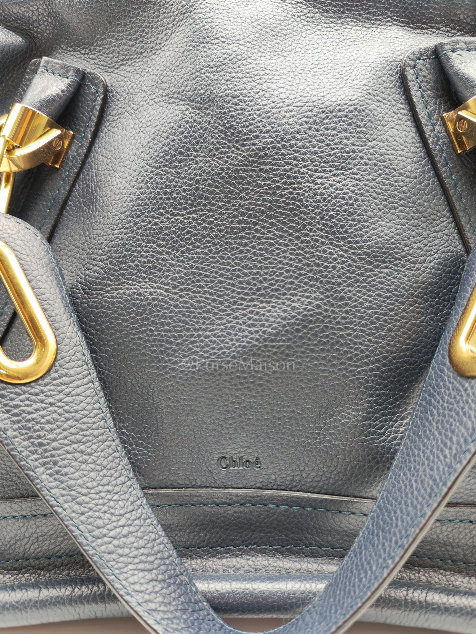 Paraty Top Handle Shoulder Bag in Navy Blue Calfskin Leather & Gold Hardware