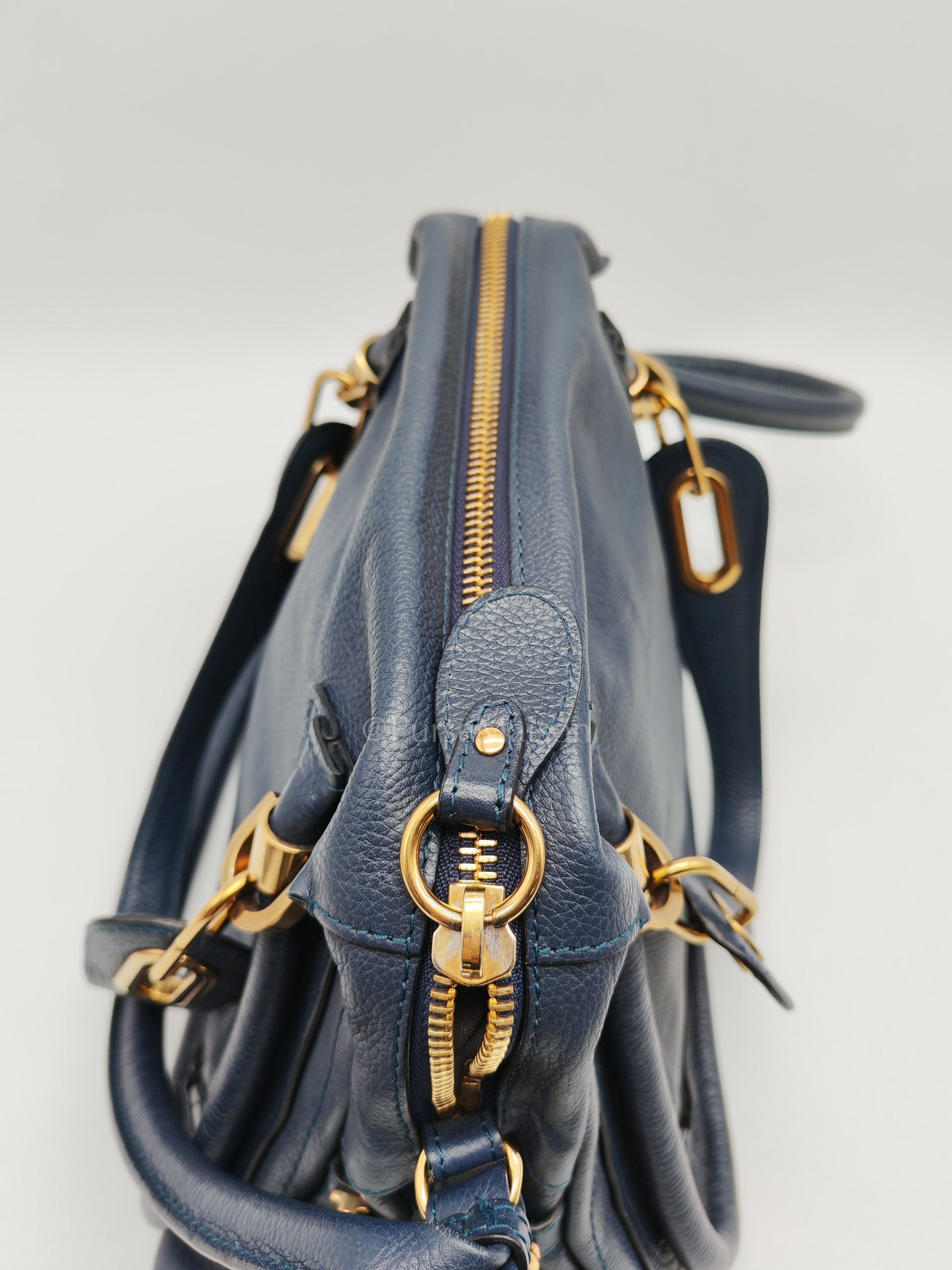 Paraty Top Handle Shoulder Bag in Navy Blue Calfskin Leather & Gold Hardware
