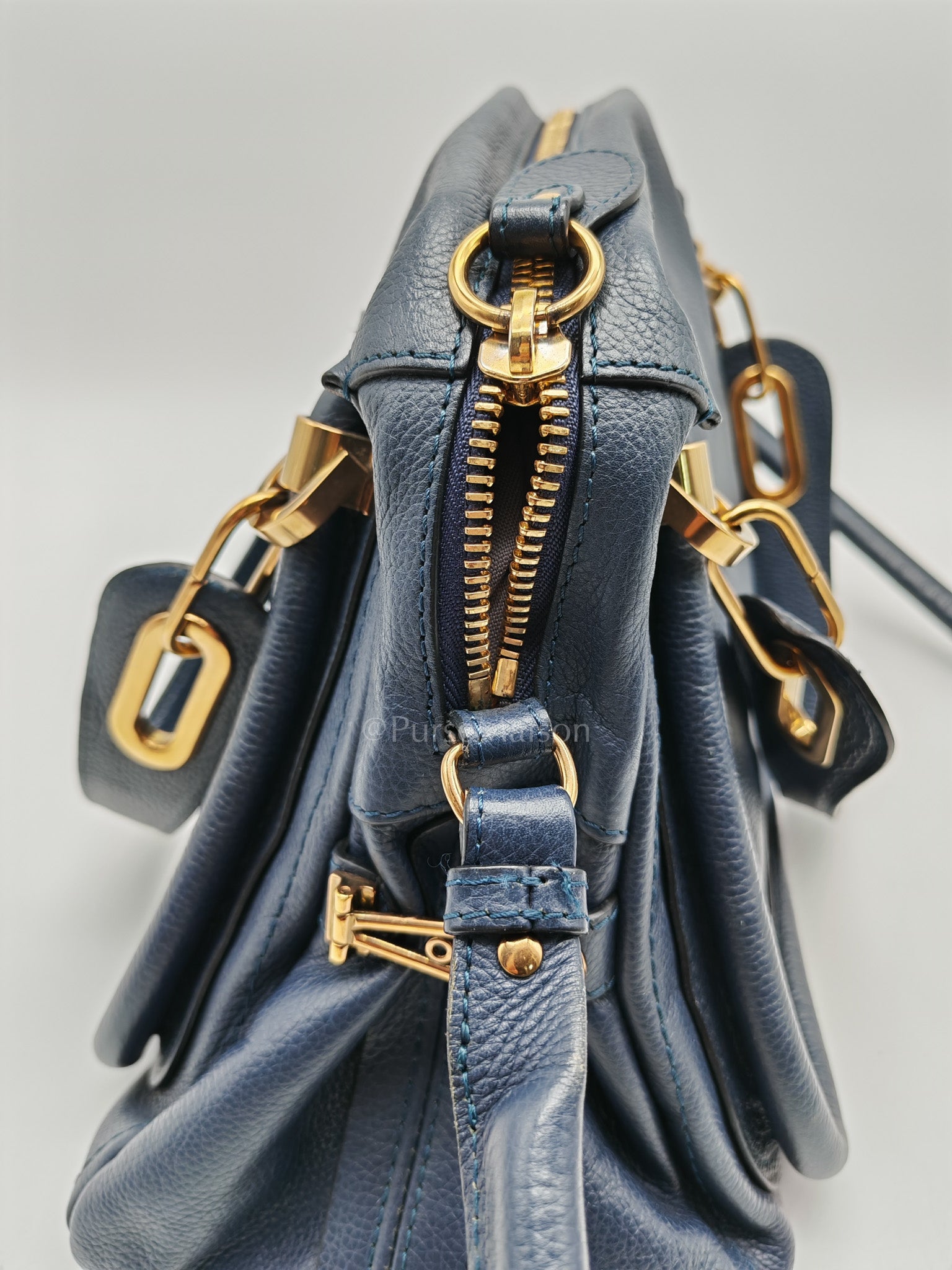Paraty Top Handle Shoulder Bag in Navy Blue Calfskin Leather & Gold Hardware