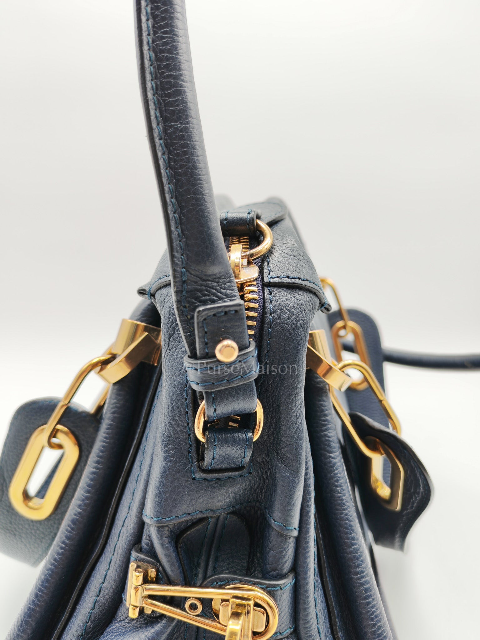 Paraty Top Handle Shoulder Bag in Navy Blue Calfskin Leather & Gold Hardware