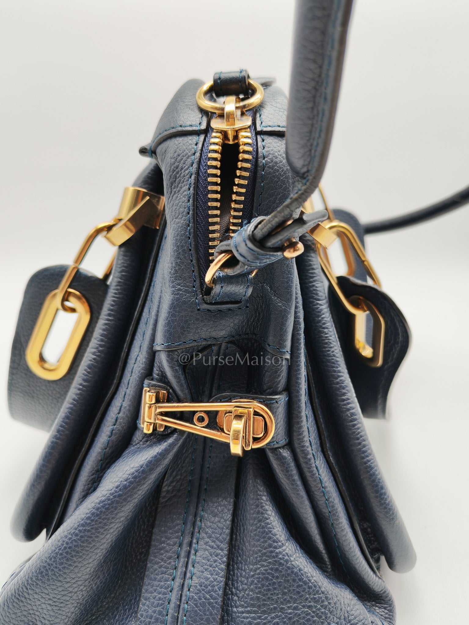 Paraty Top Handle Shoulder Bag in Navy Blue Calfskin Leather & Gold Hardware