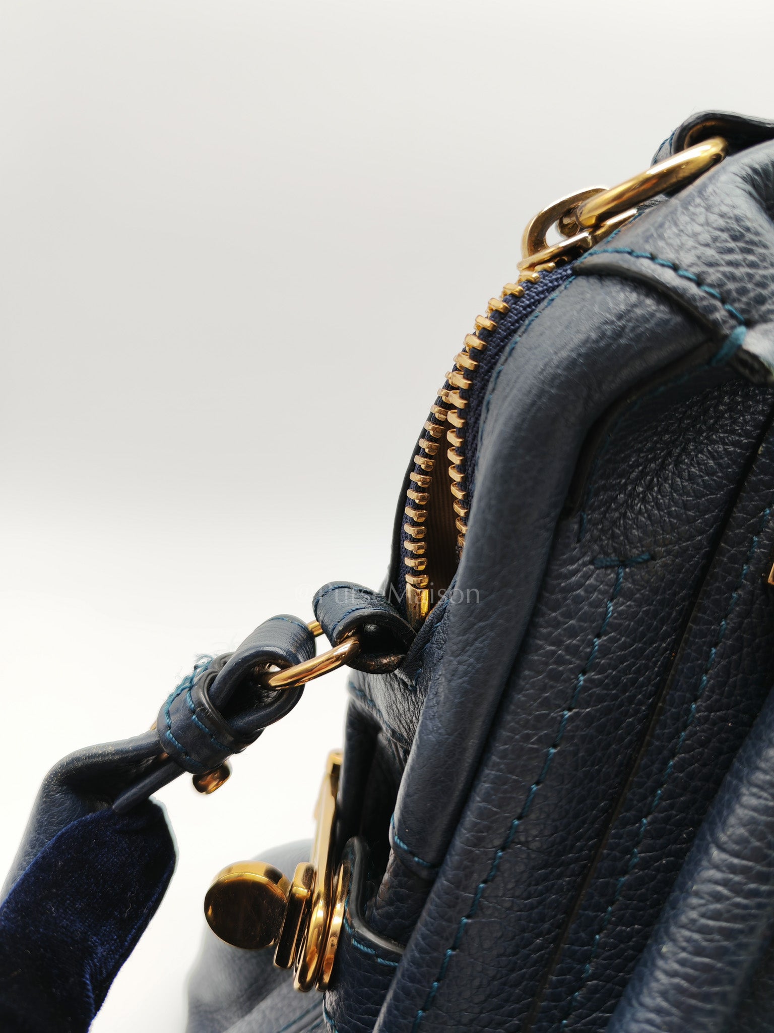 Paraty Top Handle Shoulder Bag in Navy Blue Calfskin Leather & Gold Hardware