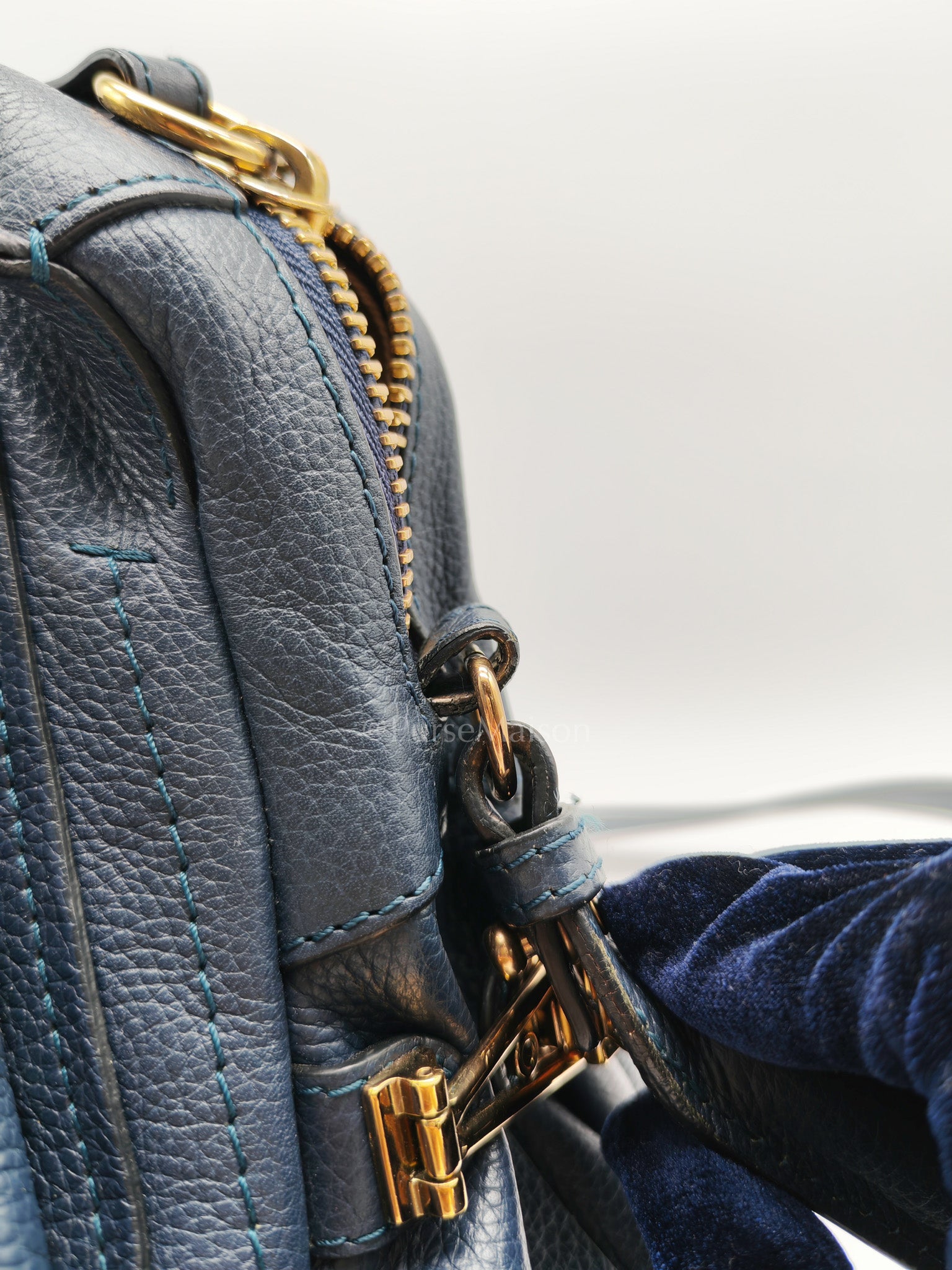 Paraty Top Handle Shoulder Bag in Navy Blue Calfskin Leather & Gold Hardware