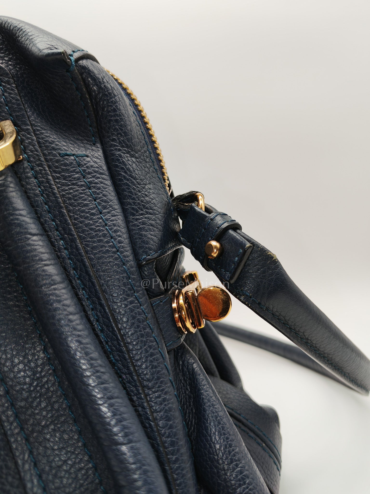 Paraty Top Handle Shoulder Bag in Navy Blue Calfskin Leather & Gold Hardware