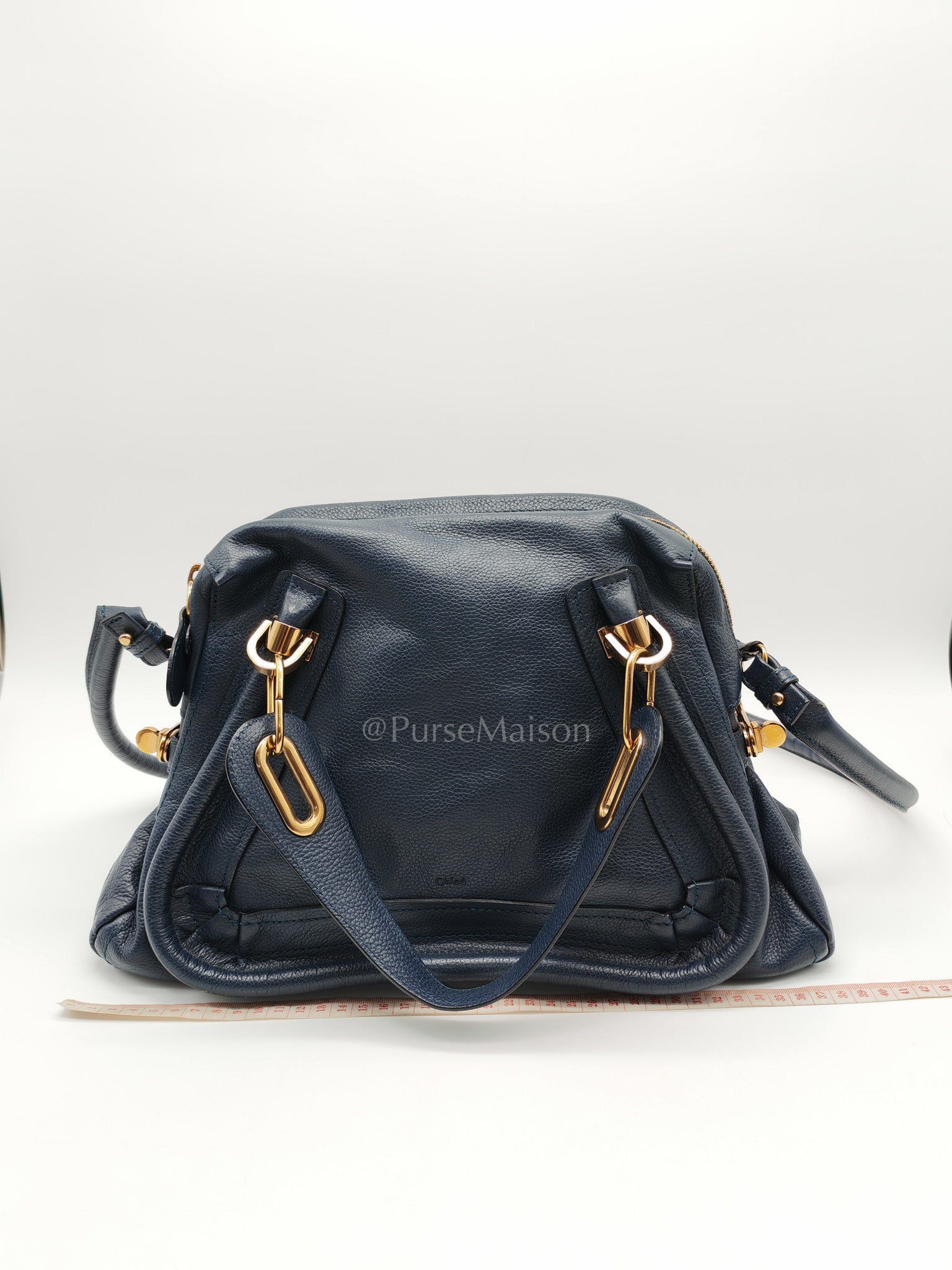Paraty Top Handle Shoulder Bag in Navy Blue Calfskin Leather & Gold Hardware