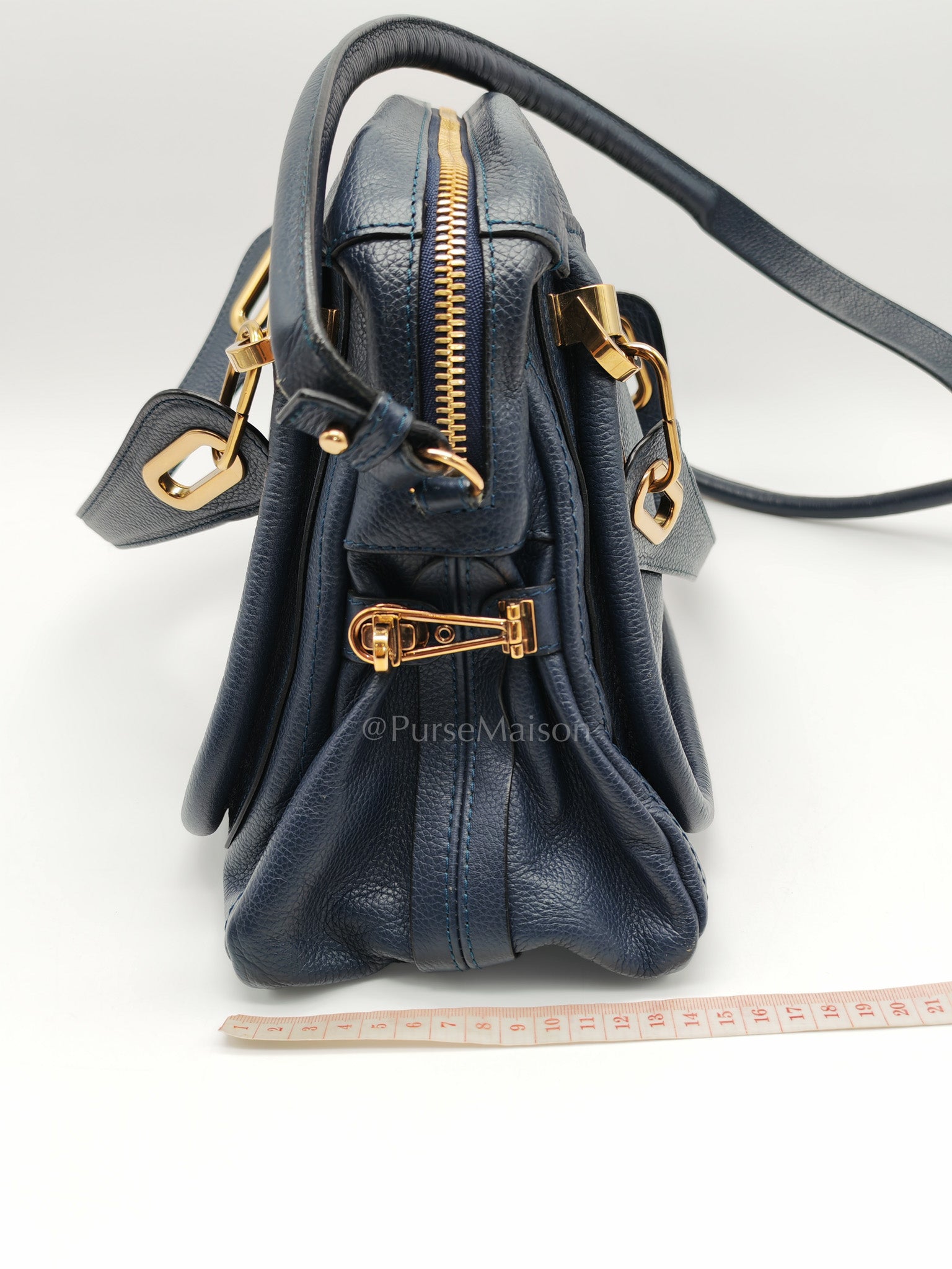Paraty Top Handle Shoulder Bag in Navy Blue Calfskin Leather & Gold Hardware