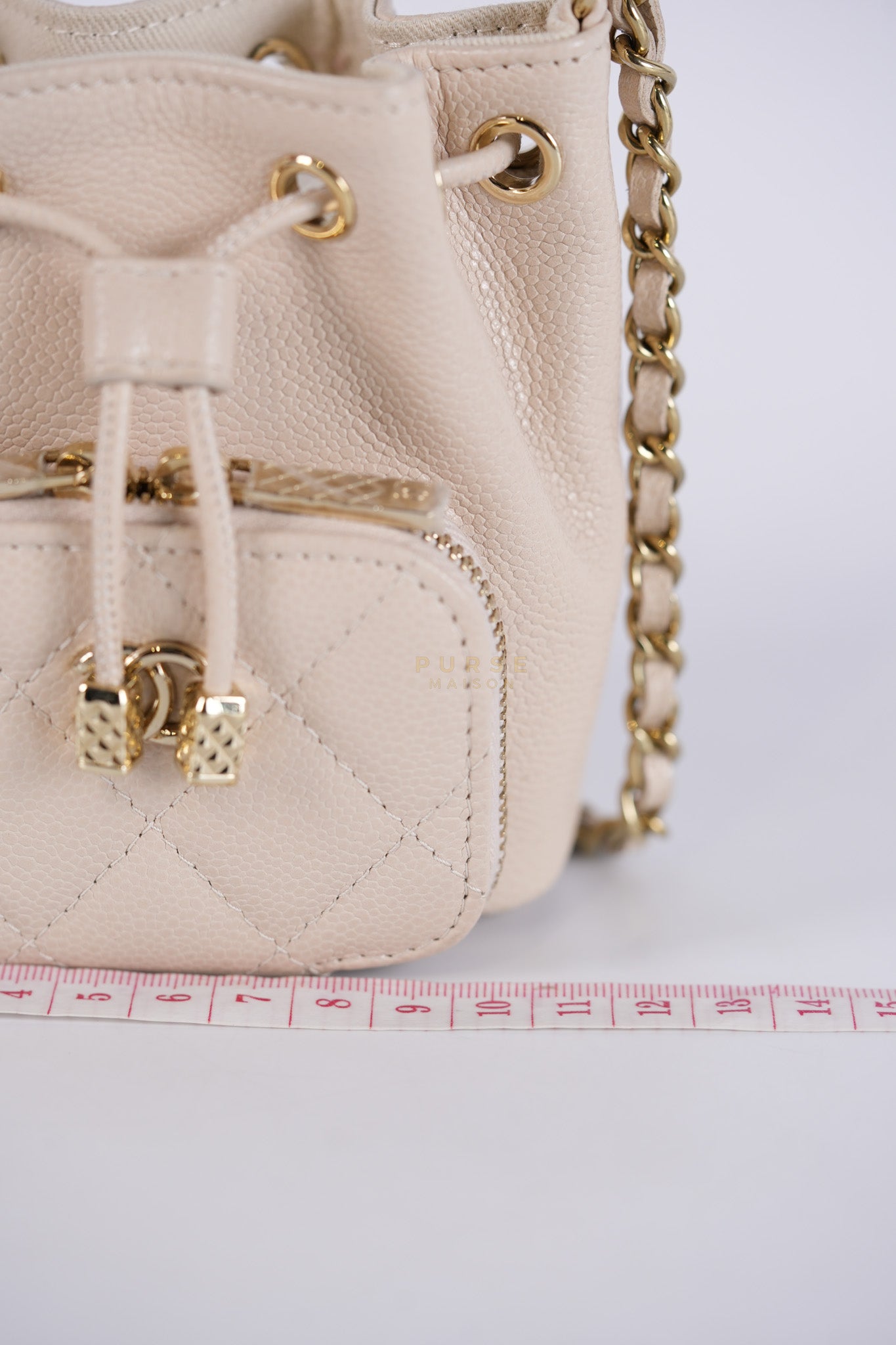 Affinity Mini Bucket Bag in Light Beige Caviar Leather and Light Gold Hardware (Microchip) | Purse Maison Luxury Bags Shop