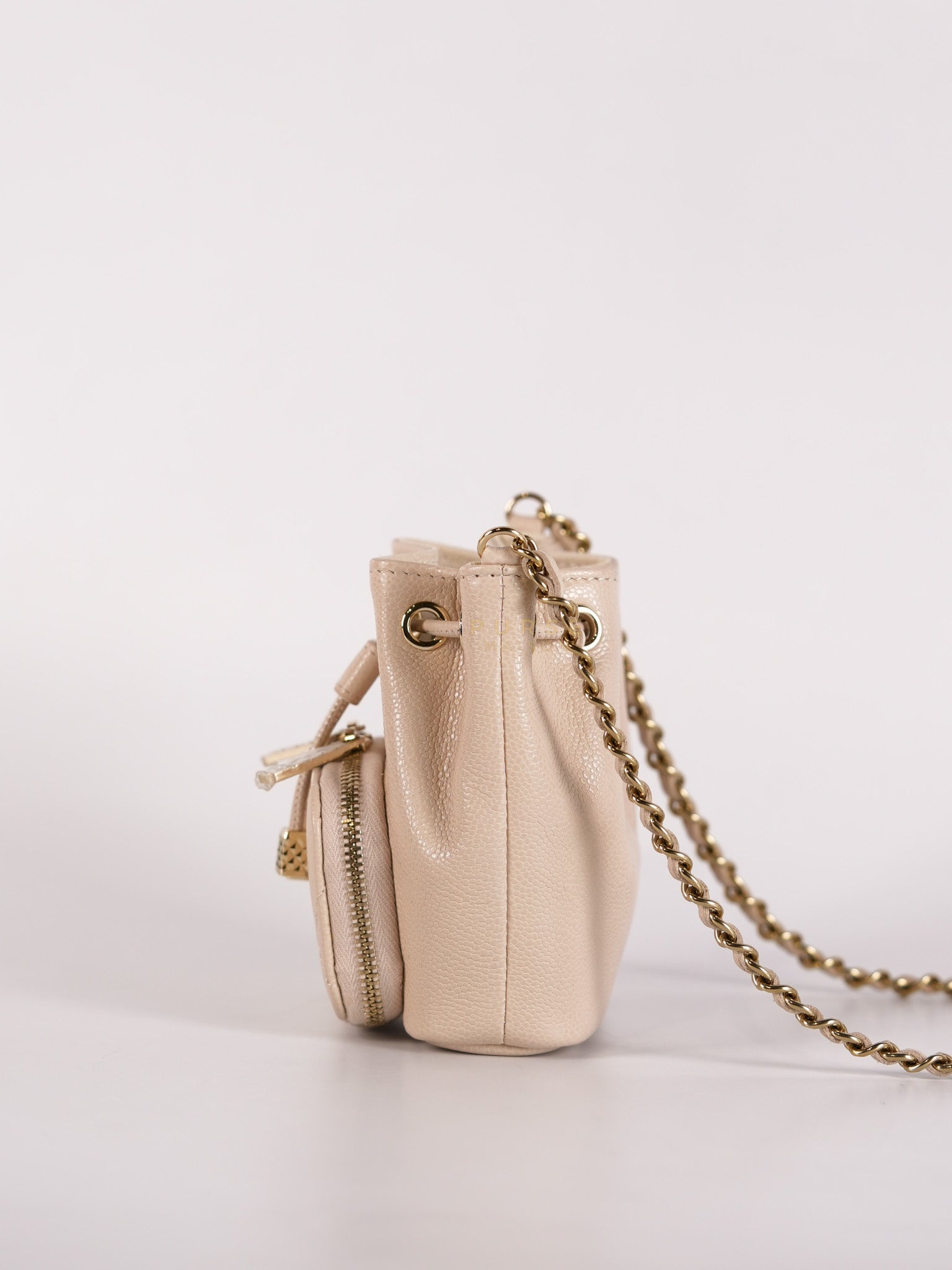 Affinity Mini Bucket Bag in Light Beige Caviar Leather and Light Gold Hardware (Microchip) | Purse Maison Luxury Bags Shop