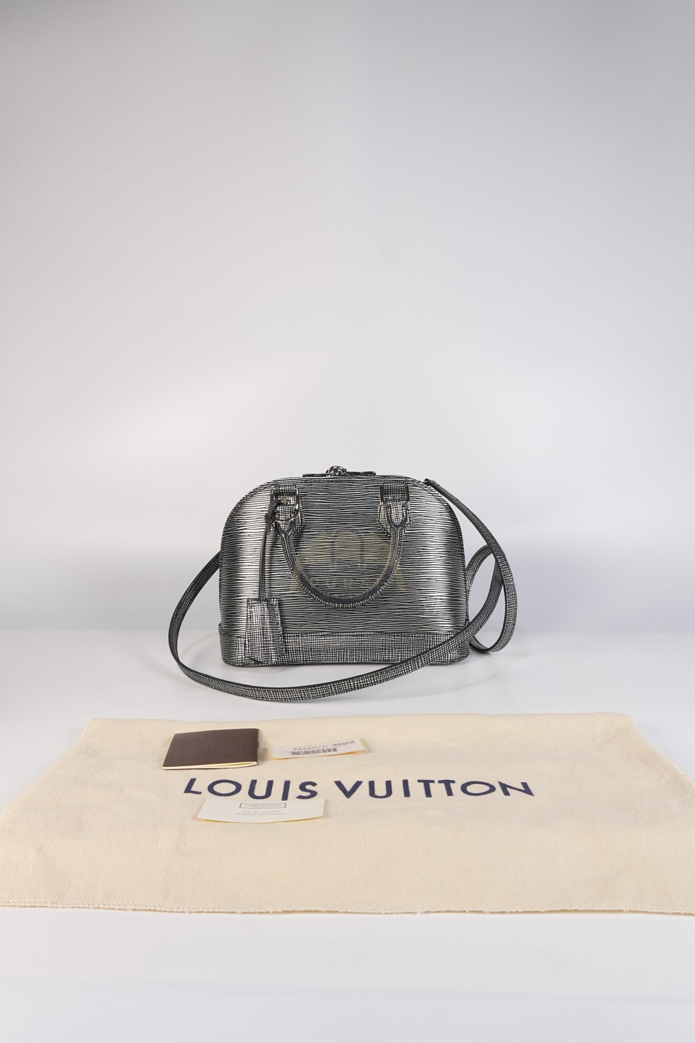 Alma BB in Metallic Silver Epi Leather & Silver Hardware (Date Code: SN1195) | Purse Maison Luxury Bags Shop