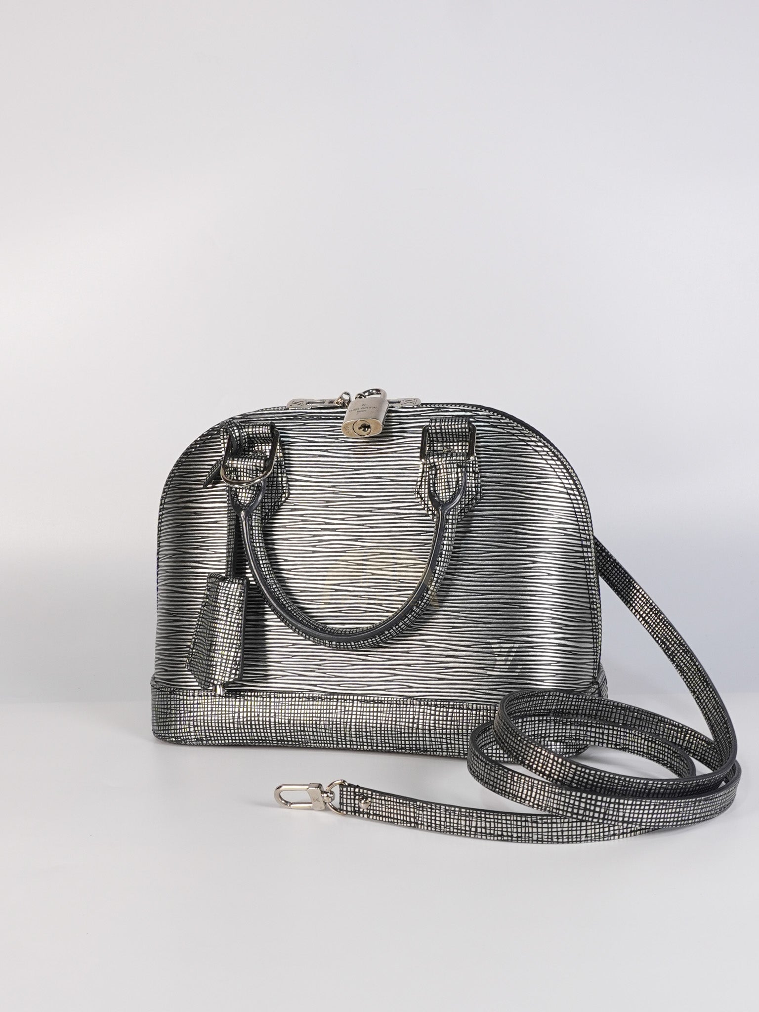 Alma BB in Metallic Silver Epi Leather & Silver Hardware (Date Code: SN1195) | Purse Maison Luxury Bags Shop