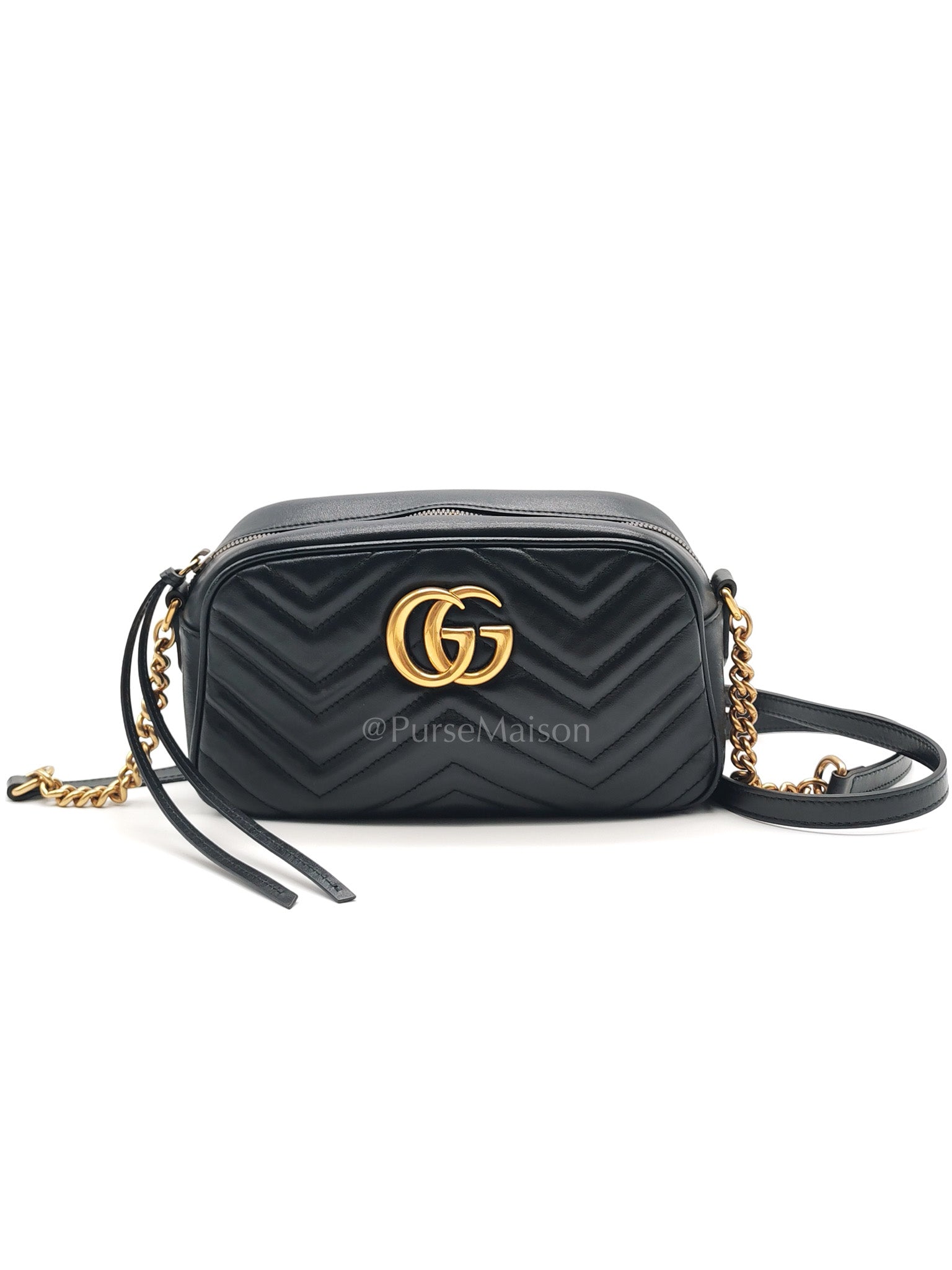 GG Marmont Small Camera Bag in Black Chevron Quilted Matellase Leather & Gold Hardware