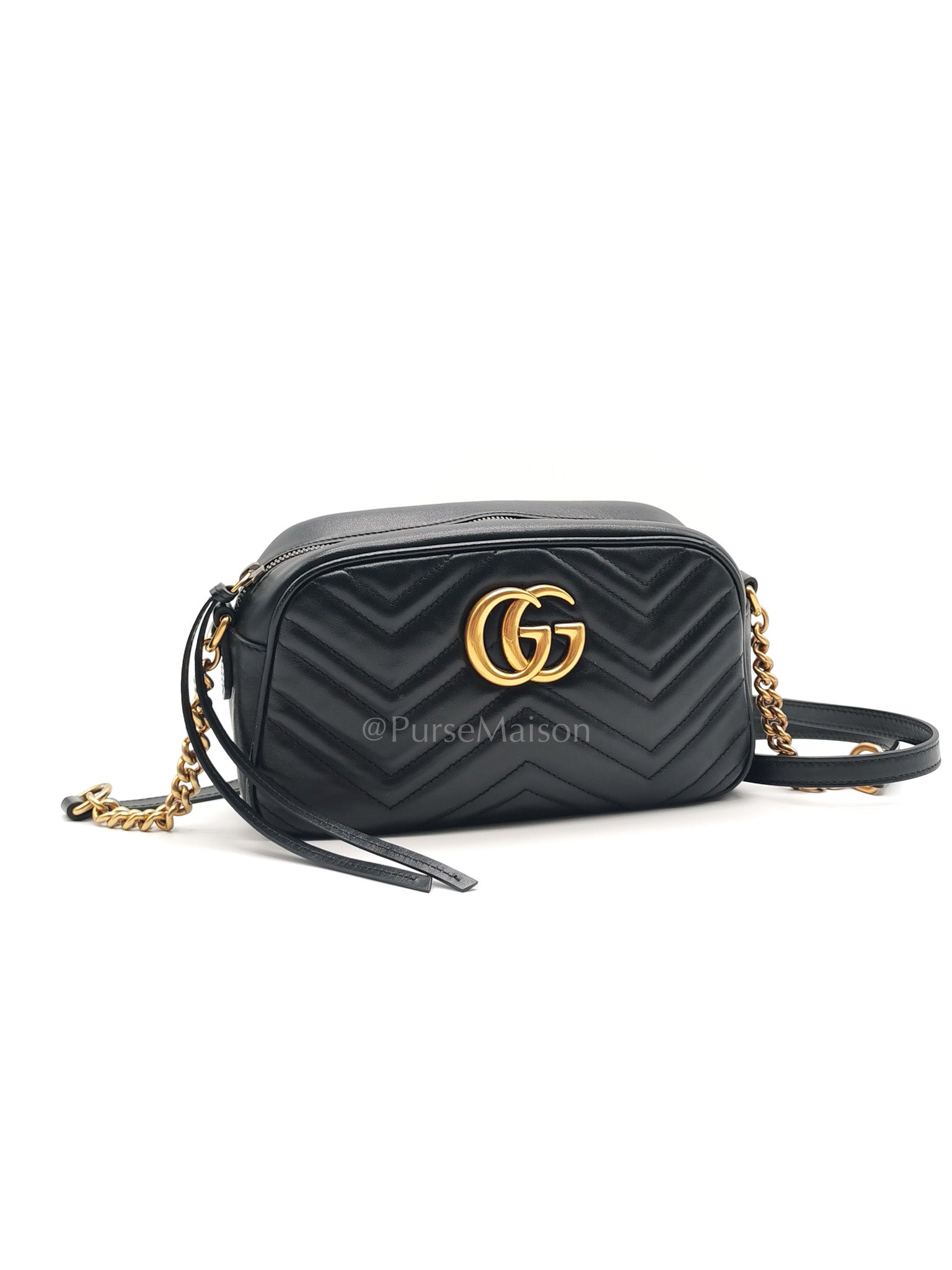 GG Marmont Small Camera Bag in Black Chevron Quilted Matellase Leather & Gold Hardware