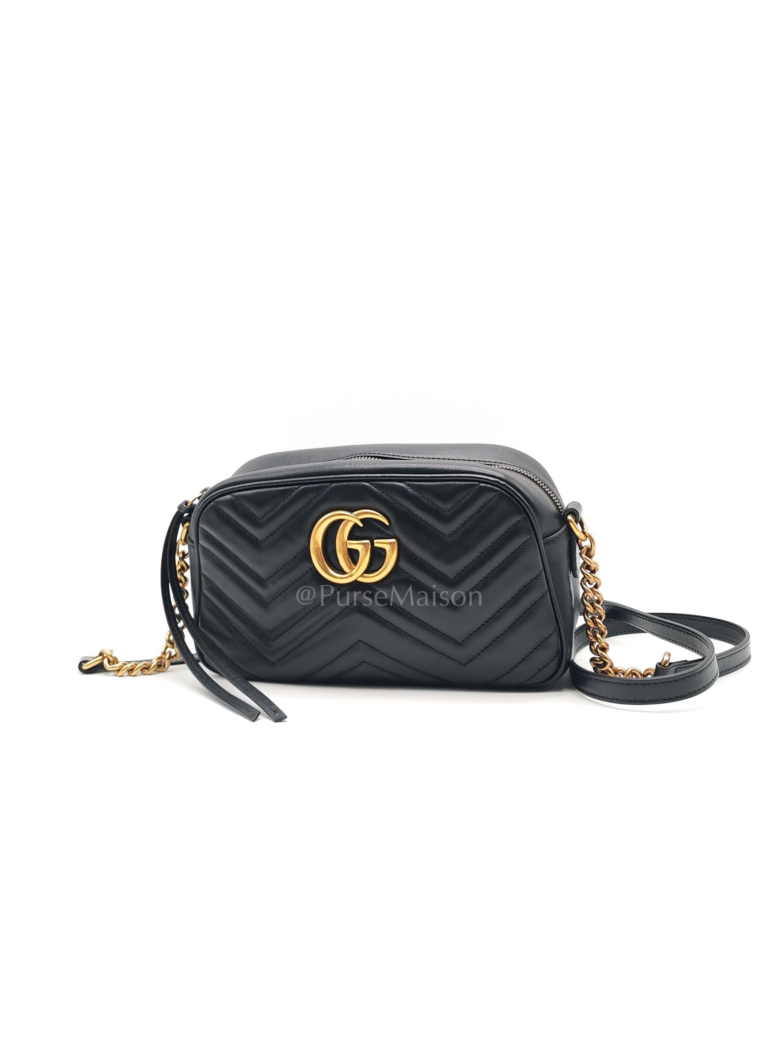 GG Marmont Small Camera Bag in Black Chevron Quilted Matellase Leather & Gold Hardware