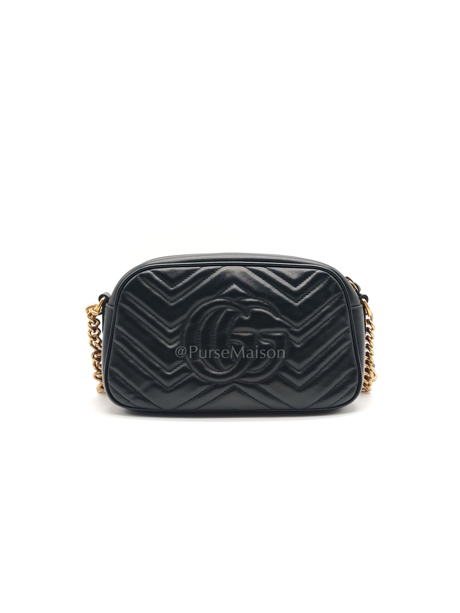 GG Marmont Small Camera Bag in Black Chevron Quilted Matellase Leather & Gold Hardware