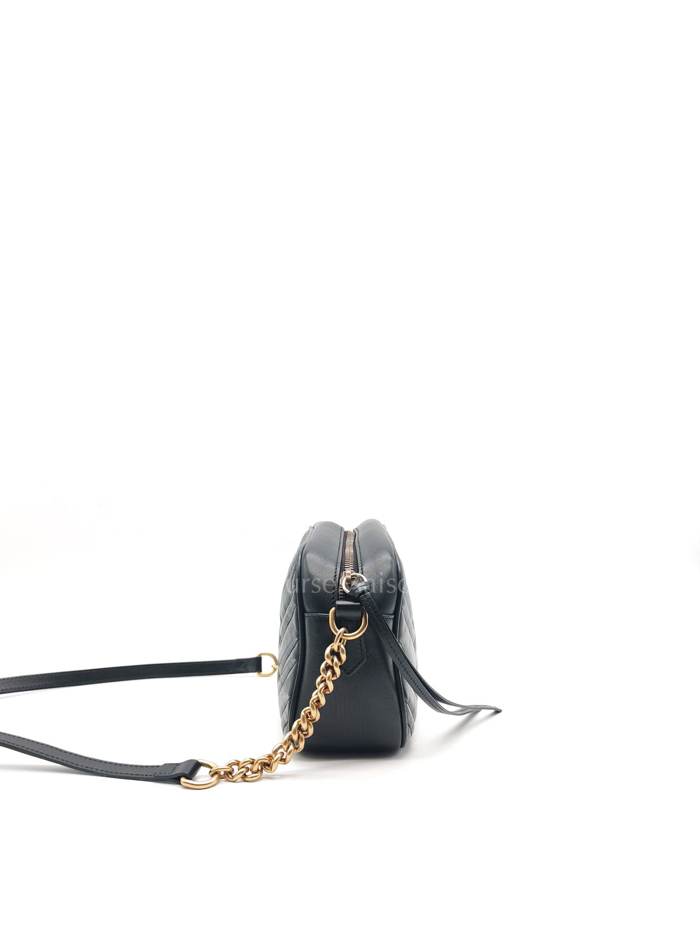 GG Marmont Small Camera Bag in Black Chevron Quilted Matellase Leather & Gold Hardware