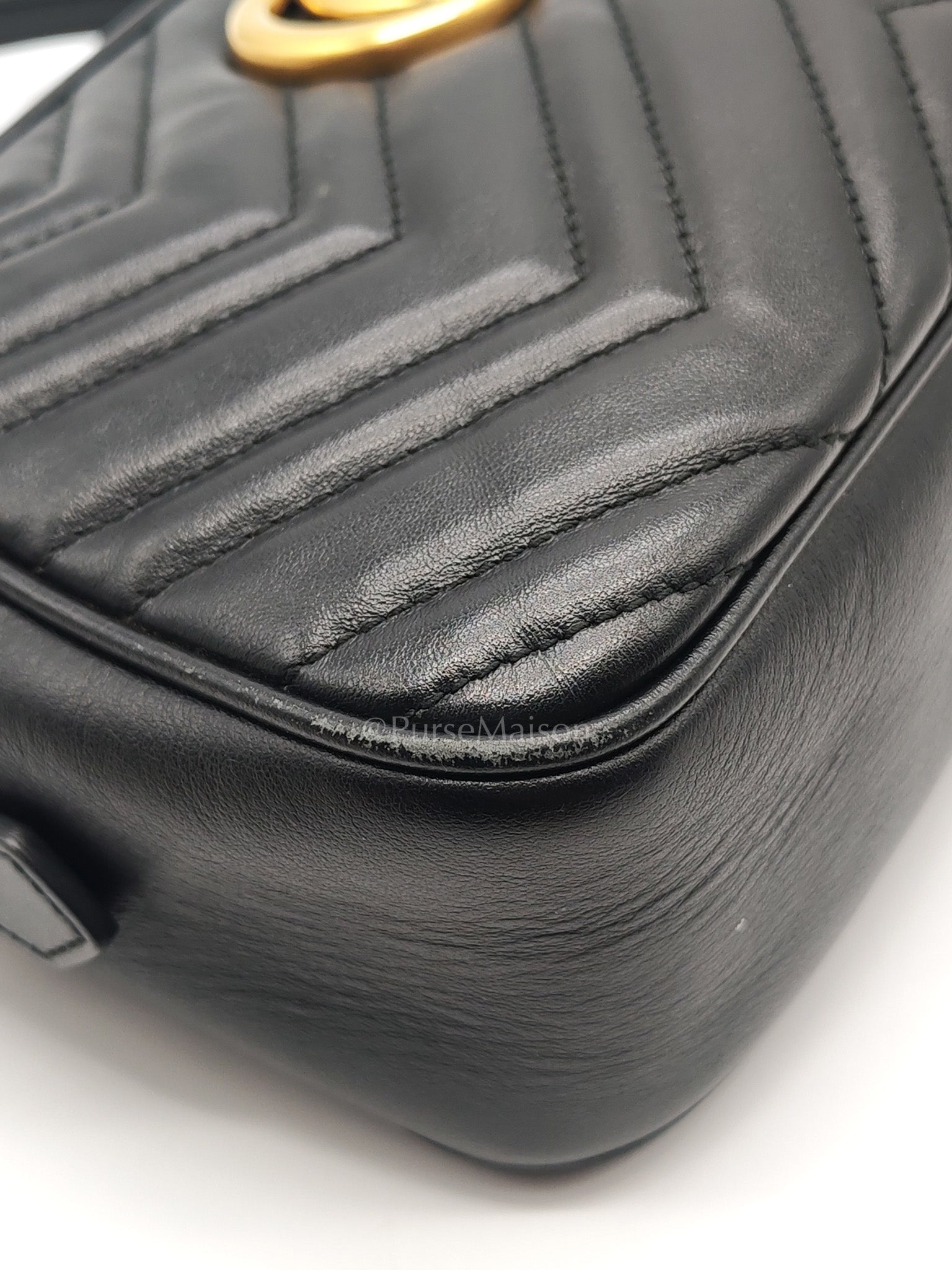 GG Marmont Small Camera Bag in Black Chevron Quilted Matellase Leather & Gold Hardware