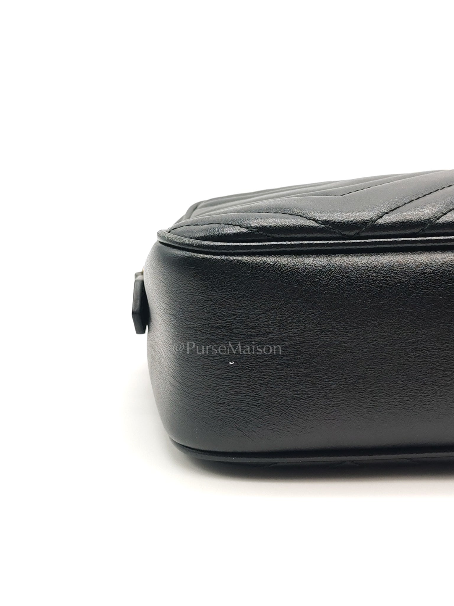 GG Marmont Small Camera Bag in Black Chevron Quilted Matellase Leather & Gold Hardware
