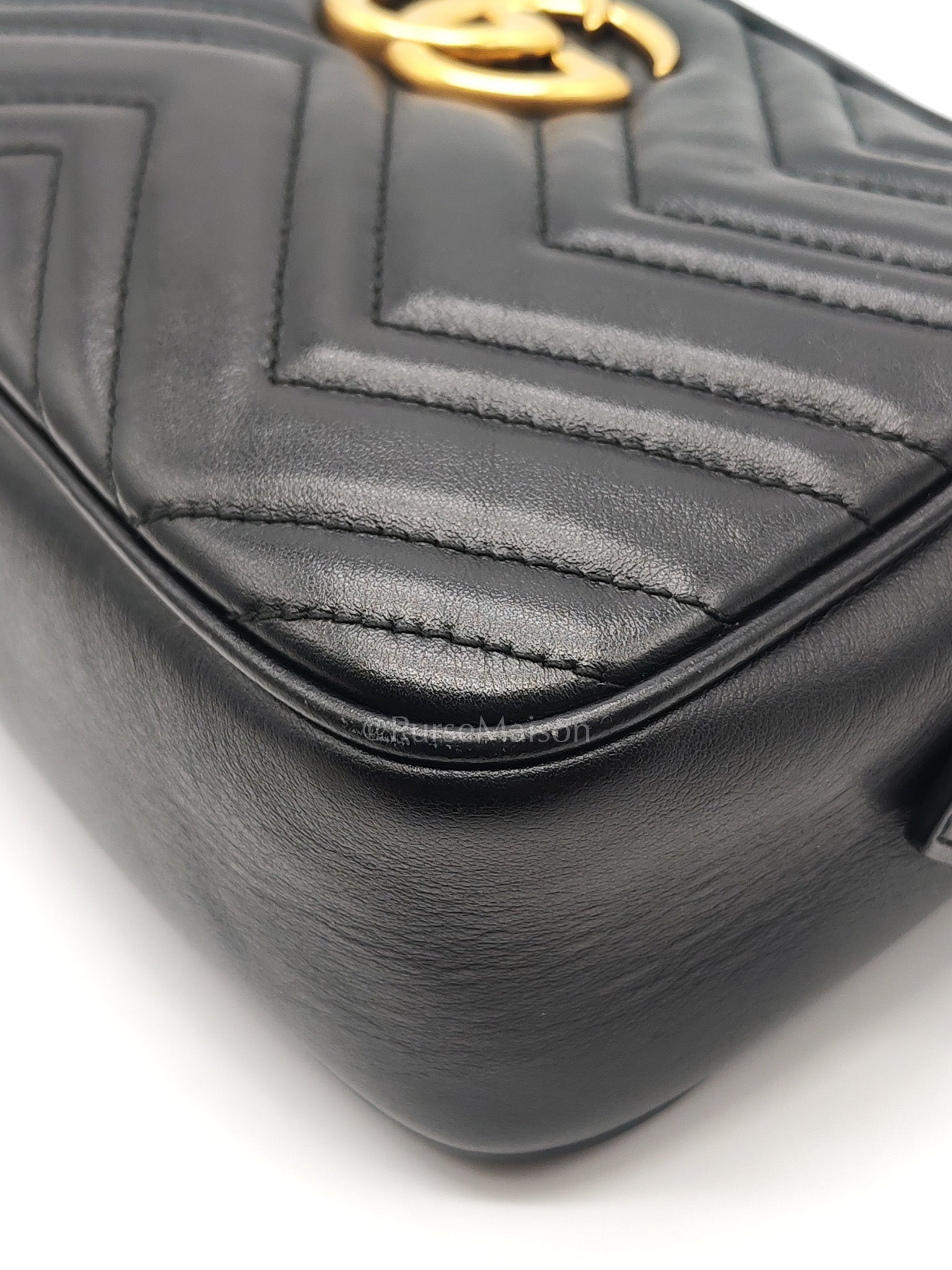 GG Marmont Small Camera Bag in Black Chevron Quilted Matellase Leather & Gold Hardware