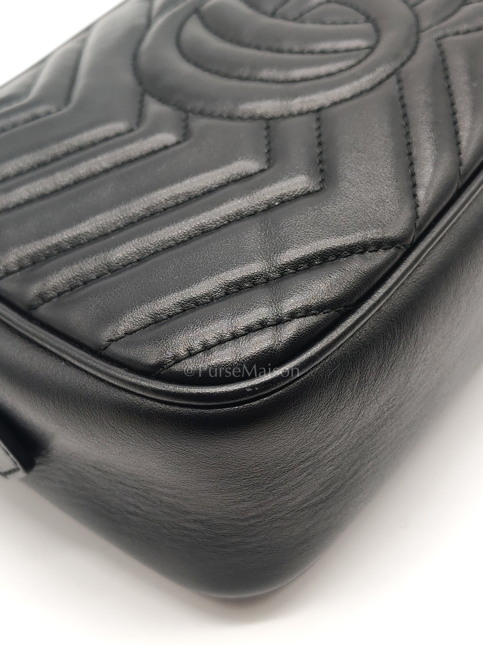 GG Marmont Small Camera Bag in Black Chevron Quilted Matellase Leather & Gold Hardware