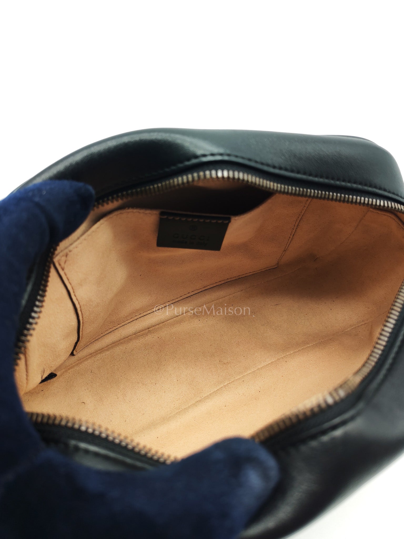 GG Marmont Small Camera Bag in Black Chevron Quilted Matellase Leather & Gold Hardware